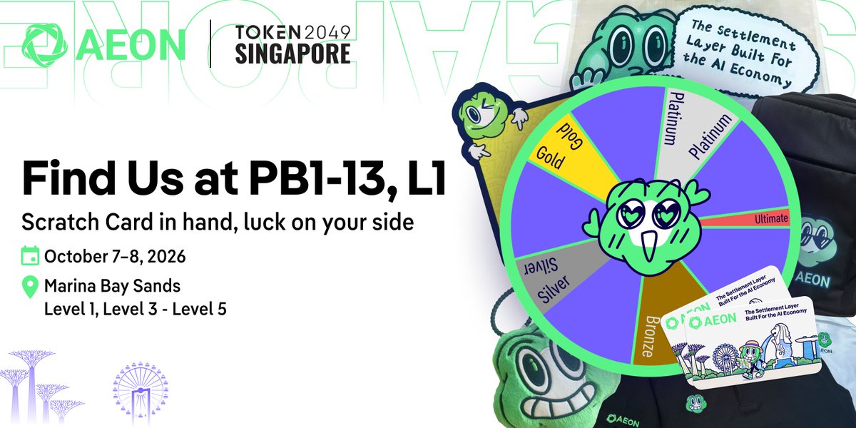 AEON_Community's tweet photo. What’s better than free swag? Winning your way to it. 👀 We’ve packed our #Token2049 booth with goodies—and there are two ways to test your luck:

🎡 Spin the Lucky Wheel
🃏 Take on the Scratch Card

Maybe you’ll score something small.
Maybe you’ll walk away with a very heavy bag. 🎒👀

Either way, there’s only one way to find out.

📍 Level 1 · Booth PB1-13

Come say hi. Your luck might be waiting. 🍀

#AEON #Token2049