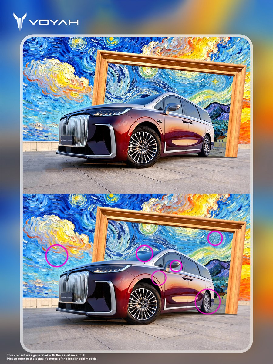 VOYAH_Motor's tweet photo. 🎨 Spot the Differences! 🌌
Two paintings. 6 hidden differences. 👀
Inspired by Van Gogh’s swirling Starry Night brushstrokes, this artwork is hiding a few secrets.
🔍 Can you find all 6?
Comment your answers below. No zooming out! 😉
#VOYAH #FreedomToExplore #VOYAHDREAM https://t.co/CNPPtuXPf8