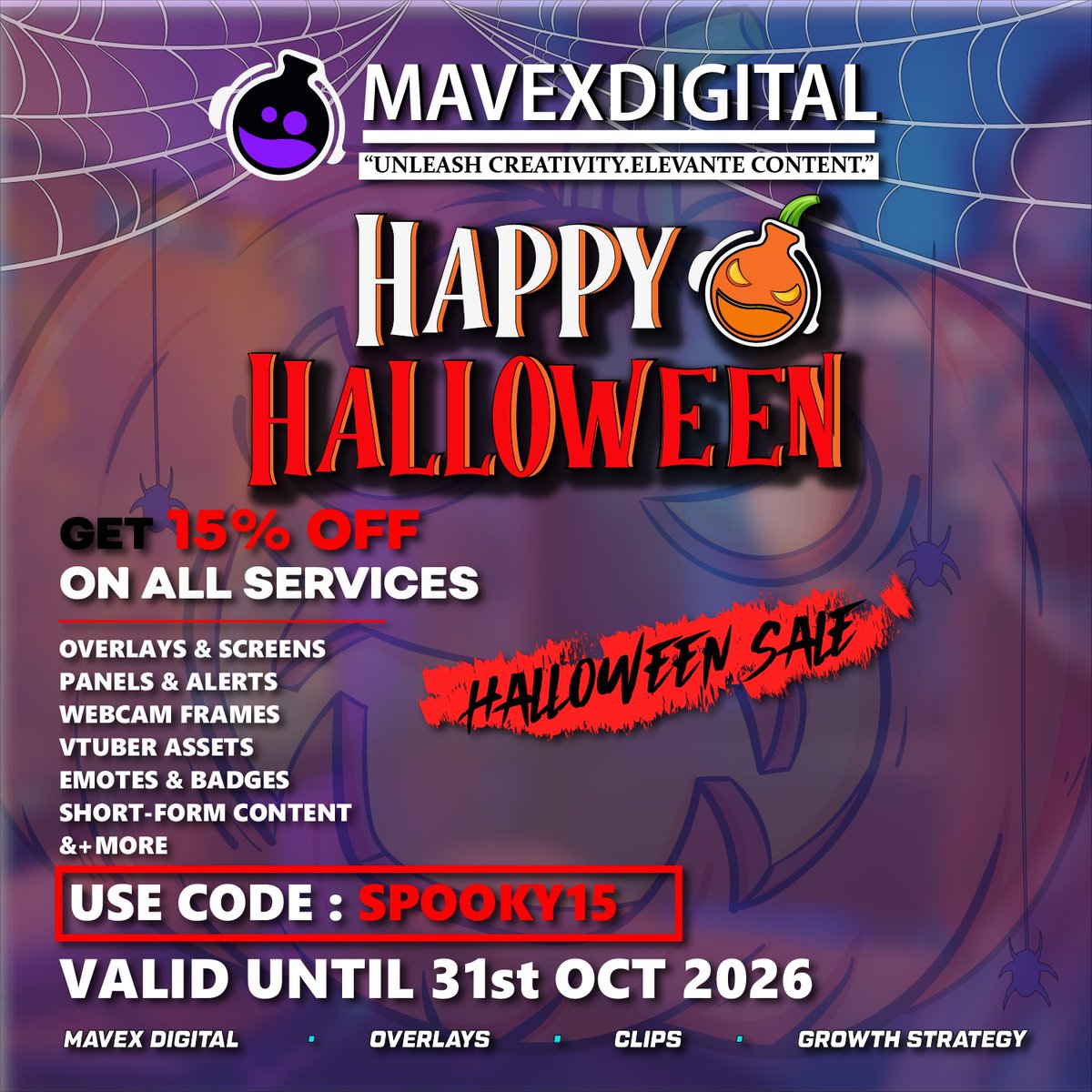 MAVEXDigital's tweet photo. Happy Halloween 🎃 15% off all Mavex Digital services: overlays, alerts, panels, screens, emotes, VTuber assets. Code SPOOKY15, valid until Oct 31.
#HalloweenSale #TwitchOverlay #StreamerBranding https://t.co/molhh2jAsu