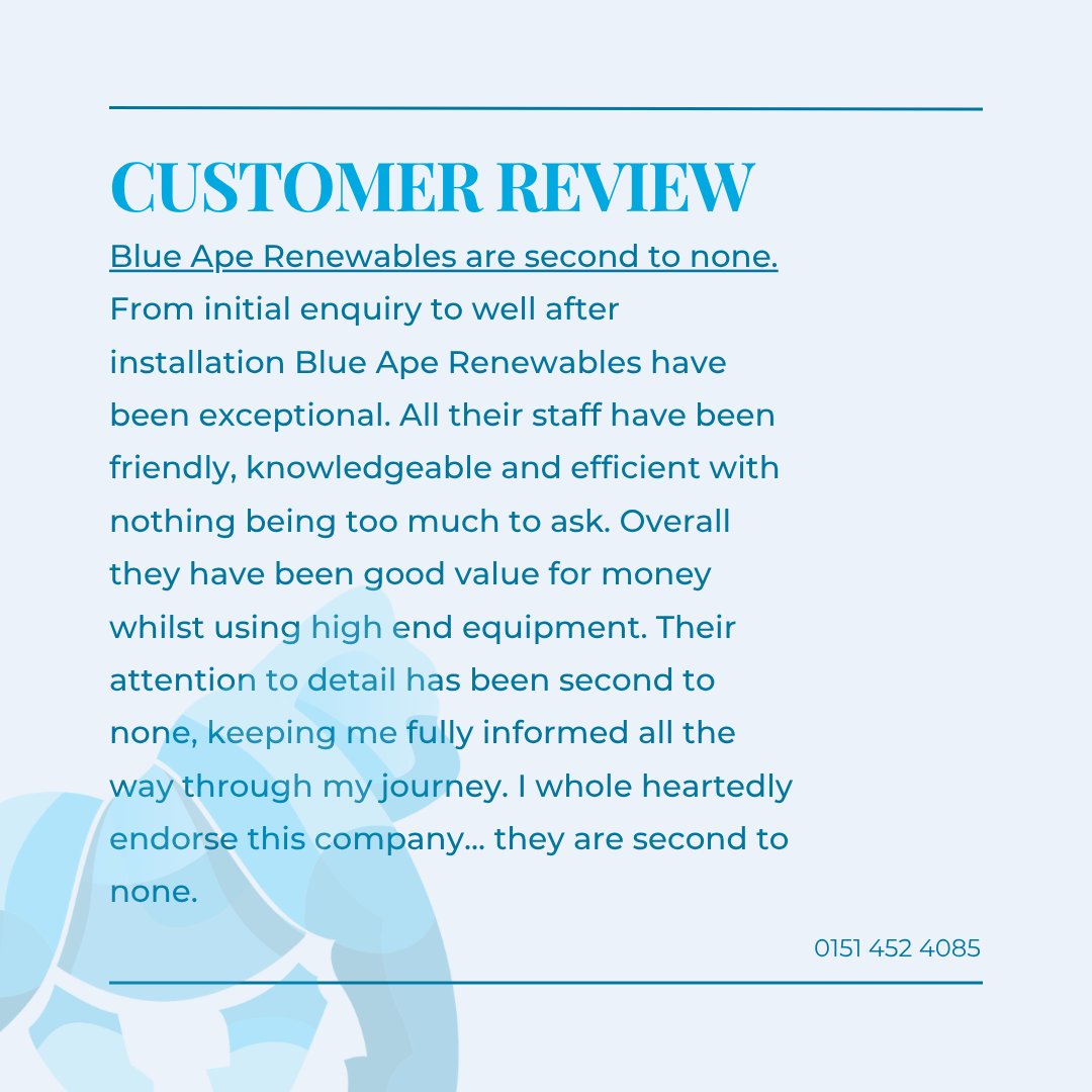 BlueApeLtd's tweet photo. Great feedback from another Blue Ape Renewables customer.

From initial enquiry through to installation and aftercare, we’re pleased to hear our team delivered the service we aim for.

#BlueApeRenewables #CustomerReview https://t.co/ZTrIkpWpXW