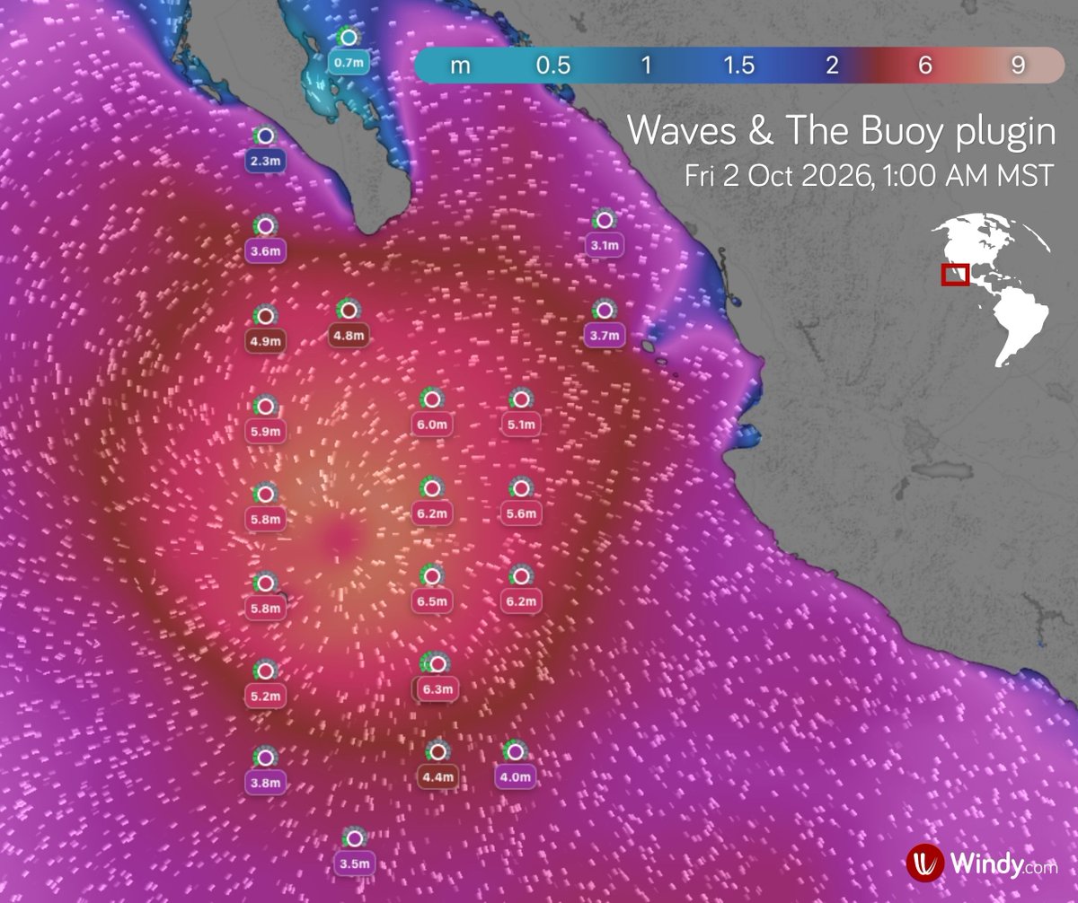 Windycom's tweet photo. 🌀 Rachel becomes a major hurricane

Hurricane Rachel has strengthened into a Category 3 major hurricane, becoming the eighth major hurricane of the season in the central and eastern North Pacific.

Its outer rainbands are bringing heavy showers and thunderstorms to southern Baja California. Large waves are affecting the southern part of the peninsula and Mexico's west coast. 

At 1:00 AM MST on Friday, 2 October 2026, Rachel’s centre was located about 420 km (260 miles) south of Cabo San Lucas, near the southern tip of Baja California. Maximum sustained winds are around 190 km/h (120 mph), with gusts up to 240 km/h (150 mph). The hurricane is moving very slowly westward at around 4 km/h (2 mph).

Rachel is expected to strengthen into a Category 4 hurricane within the next few hours and pass very close to the uninhabited San Benedicto Island, north of Socorro Island.

Rachel will then continue moving westward and is expected to gradually weaken. 

⚠️ Large waves generated by Rachel will continue to cause dangerous surf and rip currents along the west-central coast of Mexico and the Baja California Peninsula.