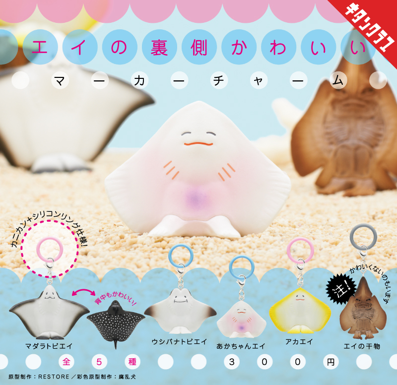 kitan_club's tweet photo. ＼📢発売情報／

にっこりかわいいエイが帰ってきた！

「エイの裏側ってかわいいよね～」から生まれた、フィギュアが令和仕様に！
マーカーチャームになって登場✨

もちろん「エイの干物」も健在！
かわいい？かわいくない？
種類ごとの特徴をしっかり捉えた造形や彩色にも注目してください👀

あなたはどのエイがお好き？

【#エイの裏側かわいい マーカーチャーム】は10/9（金）より全国のカプセルトイ売場で順次発売！
https://t.co/OpYOUagjjk