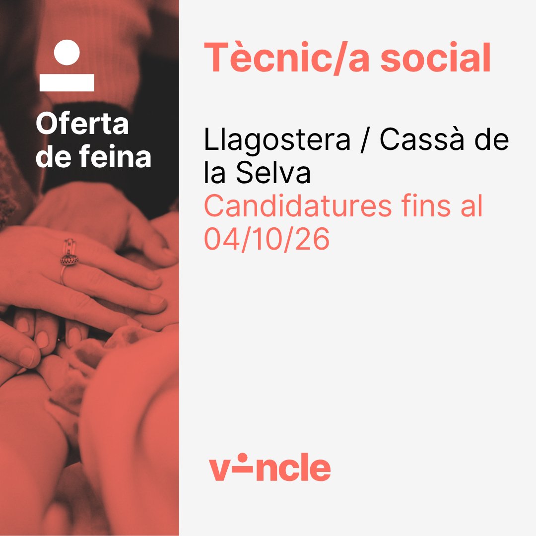 assocVINCLE's tweet photo. 📢 OFERTA DE FEINA
🔎 Tècnic/a social
📌 Llagostera / Cassà de la Selva
✍️ Candidatures fins al 04/10/26
👉 Més info: https://t.co/j9GtwmMwfC
#treball #oferta #feina #social #tercersector #comunitat #llagostera #cassàdelaselva #laselva #vincle #recercafeina https://t.co/dvJLa9YvA9
