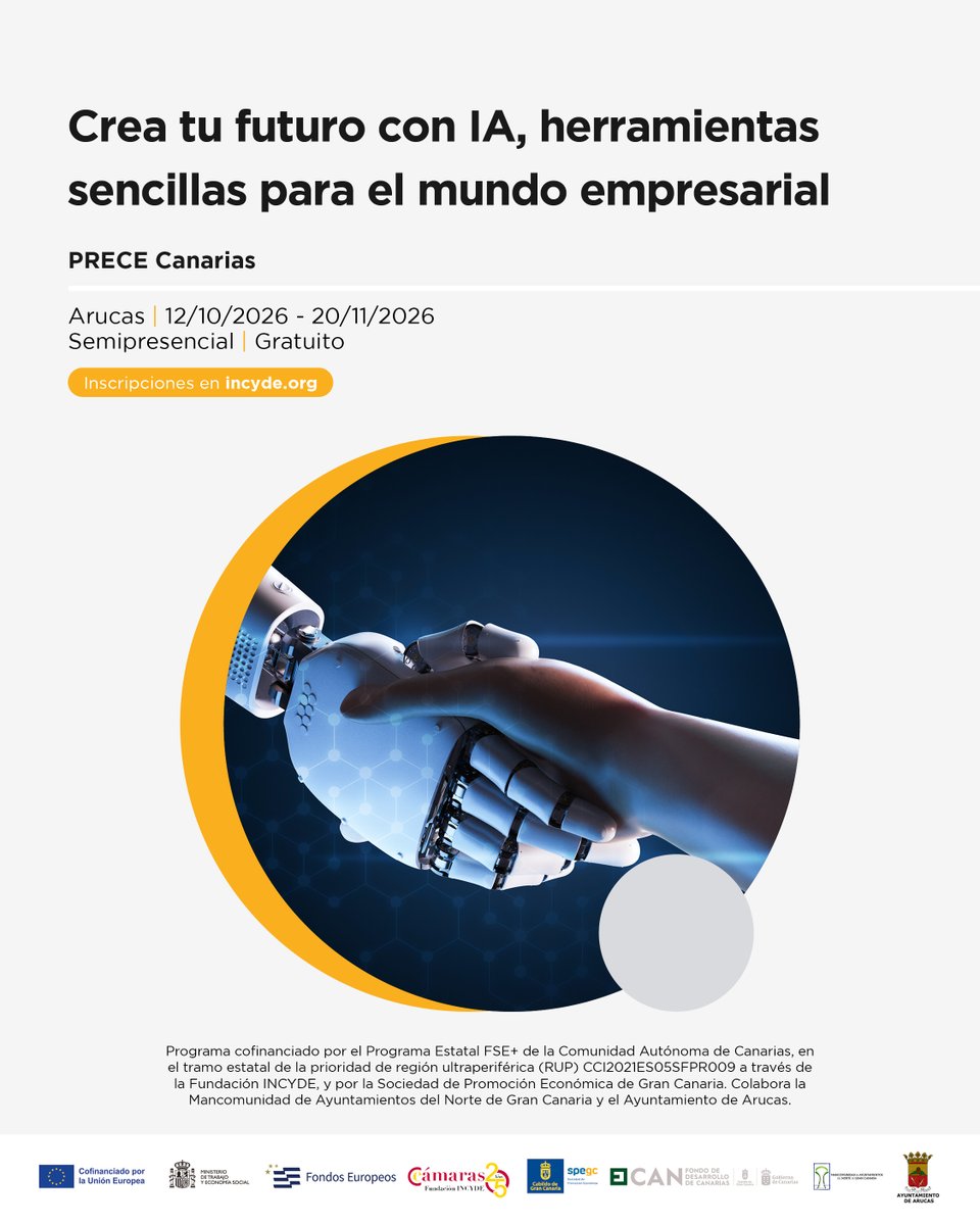SPEGC's tweet photo. ¿Te has planteado cómo la Inteligencia Artificial puede ahorrarte horas de trabajo y ayudarte a llevar tu negocio al siguiente nivel? 🤖

Con el programa gratuito 'PRECE Canarias: Crea tu futuro con IA, herramientas sencillas para el mundo empresarial', podrás aprender a aplicar soluciones digitales prácticas orientadas a mejorar la empleabilidad y la competitividad de tu negocio. 

🎯 Dirigido a personas con una idea de negocio, desempleados que buscan formarse en IA y emprendedores que quieren usar esta tecnología para hacer crecer su empresa. 

📅 Inicio: 13 de octubre de 2026
📍 Lugar: Arucas
⚠️ Inscríbete ya 👇
https://t.co/GqHtbhFyBW