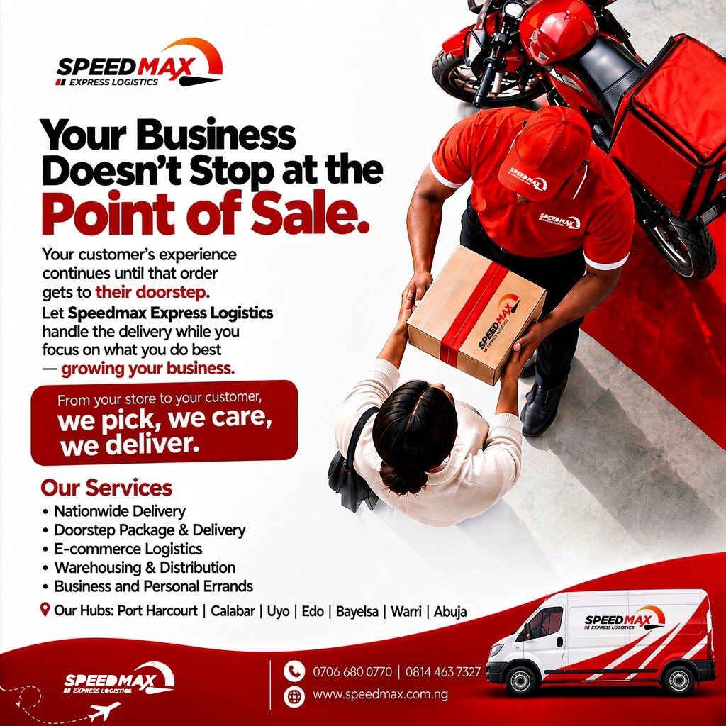 speedmaxng's tweet photo. Your customer experience doesn’t end at the point of sale it continues until the order reaches your doorstep.
#SpeedmaxExpressLogistics #LogisticsNigeria #EcommerceLogistics #NationwideDelivery #BusinessLogistics #Warehousing #LastMileDelivery #WePickWeCareWeDeliver https://t.co/y2TE32mUOt