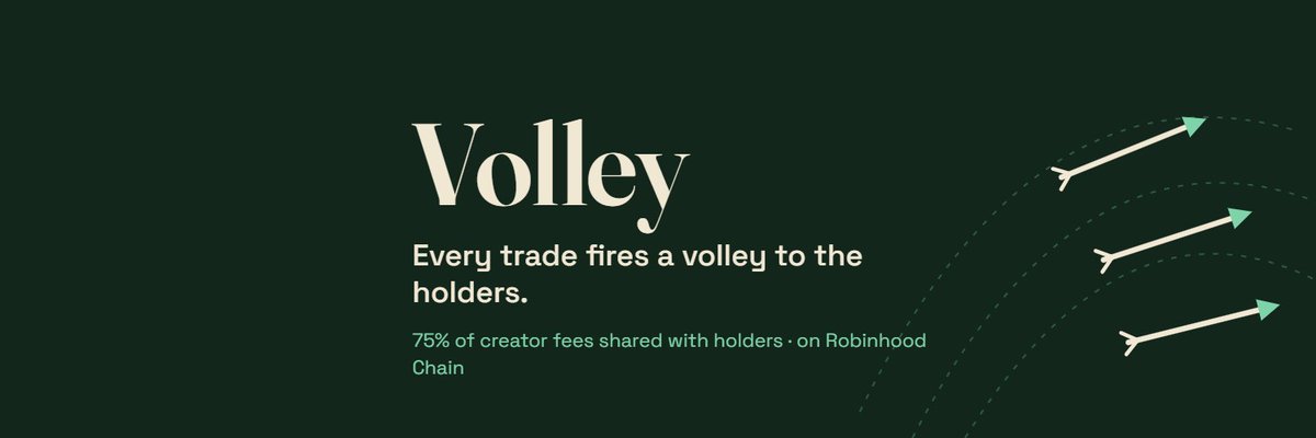 volleyrh's tweet photo. Most launches: dev eats, holders hope.
Volley flips it. 75% of creator fees go back to the people holding, in ETH, every time the quiver fills.
Every payout on-chain. Coming soon to Robinhood Chain🏹 https://t.co/hpAFxsCn3N