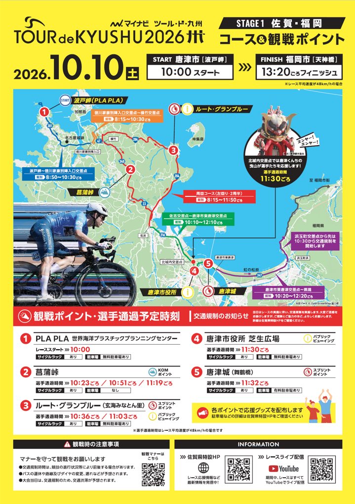 saga_kouhou's tweet photo. 【イベント情報】
がんばろう熊本 マイナビ ツール・ド・九州２０２６🚴

10/10(土)、波戸岬から福岡・天神へ！
選手たちが唐津を駆け抜けます
黄色の応援グッズを手に、沿道や観戦ポイントから応援しよう📣
https://t.co/0MVwrHRK6C https://t.co/x2zwllBmrD