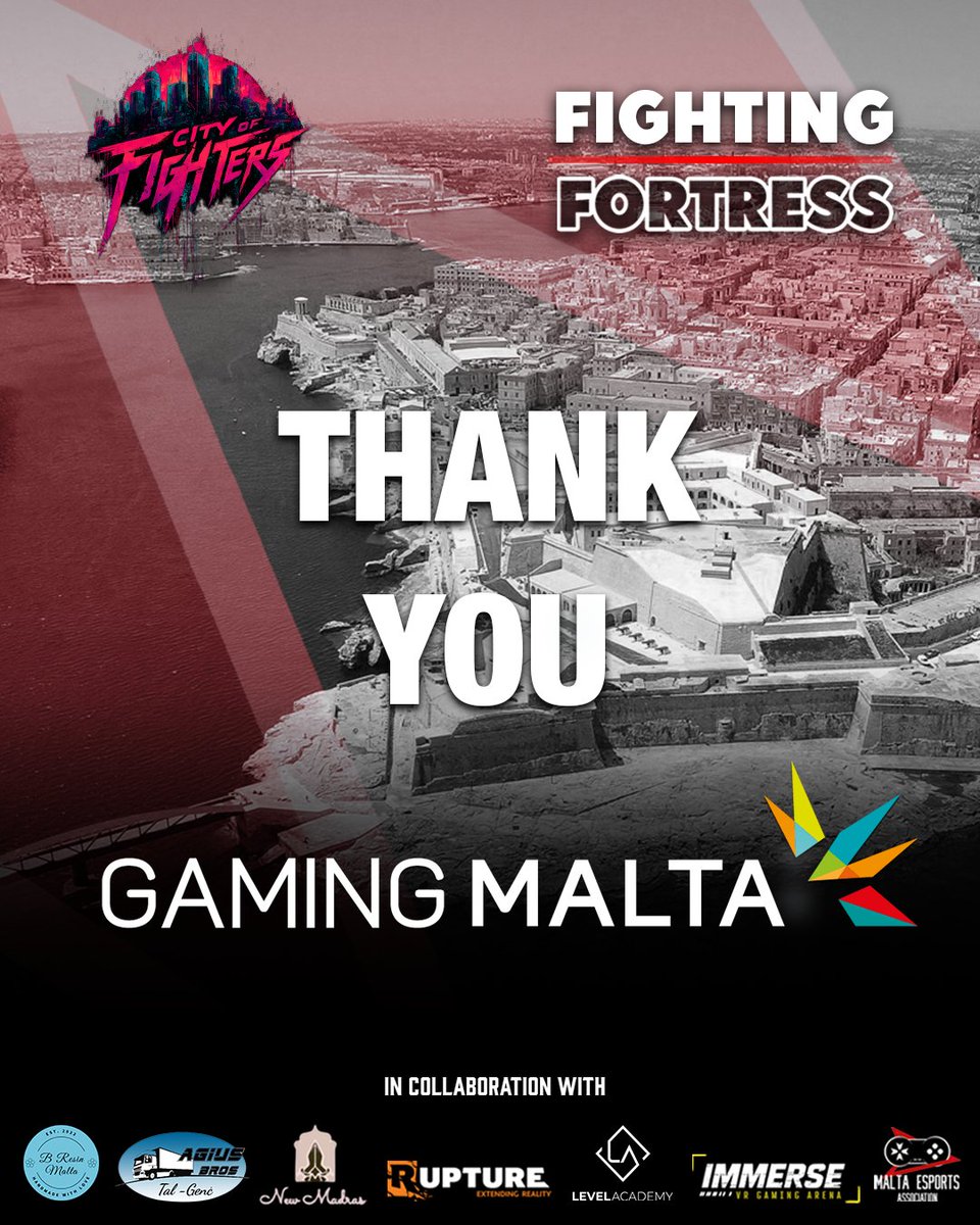 CityofFighters1's tweet photo. A heartfelt thank you to GamingMalta—without your support, FIGHTING FORTRESS would still be just an idea on paper.

Thank you for your commitment to Malta’s grassroots esports community. Together, we’ve shown that Malta can deliver an outstanding official Tekken event for Europe.

@gamingmalta | @levelacademygg | Rupture | Immerse - immerse .mt | Agius Brothers Co Ltd.  | B Resin Malta  | New Madras Indian Restaurant | Gamebreaker | @malta_esports