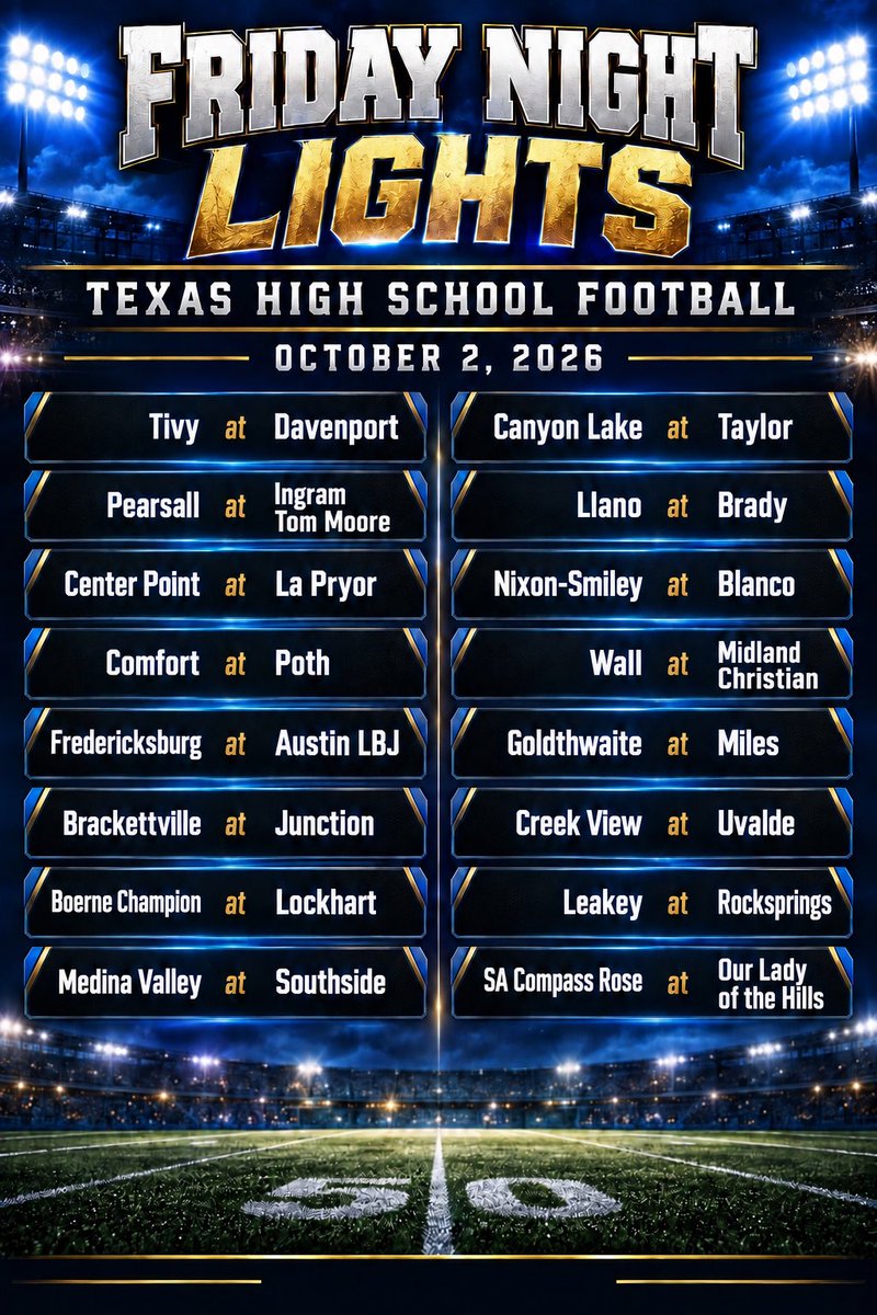 txsportsnews86's tweet photo. Friday Night Lights is here! 🏈🔥

Here’s a look at tonight’s Texas high school football schedule in and around the region.

Sponsored by Kerr County A/C &amp; Heating Services
@dctf @MaxPreps @KSATbgc 

#fyp #txhsfootball #fridaynightlights #boysoffall https://t.co/OBohLDRw5b