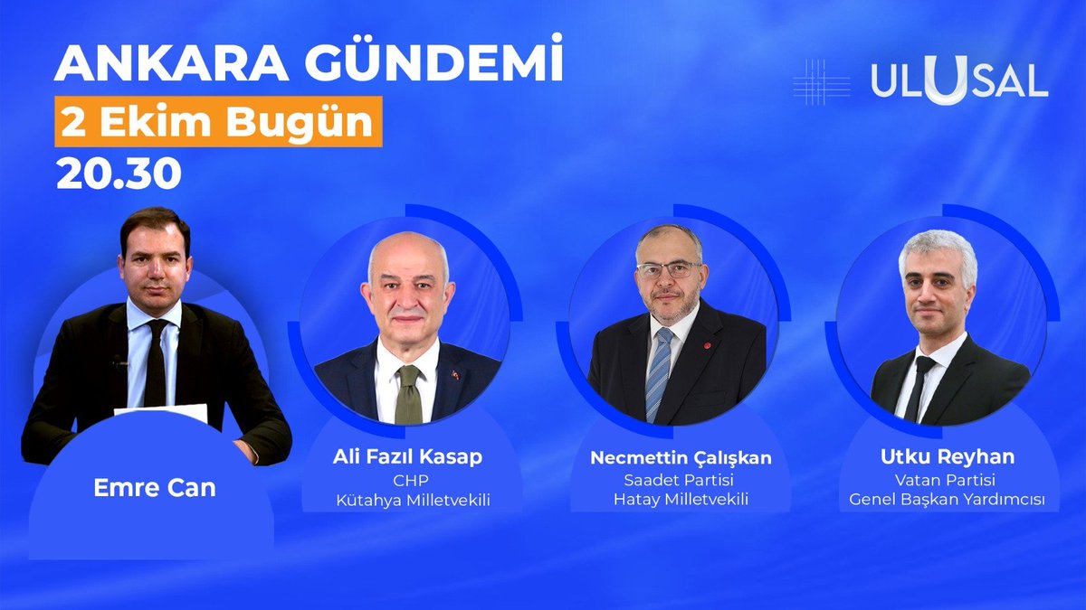 vatanpartisi06's tweet photo. Genel Başkan Yardımcımız ve Ankara İl Başkanımız Utku Reyhan, Ulusal Kanal'da Emre Can'ın sunduğu "Ankara Gündemi" programına konuk olacaktır. 

🗓️ 2 Ekim Cuma (Bugün)
🕖 20.30 https://t.co/qLaA2DENUR