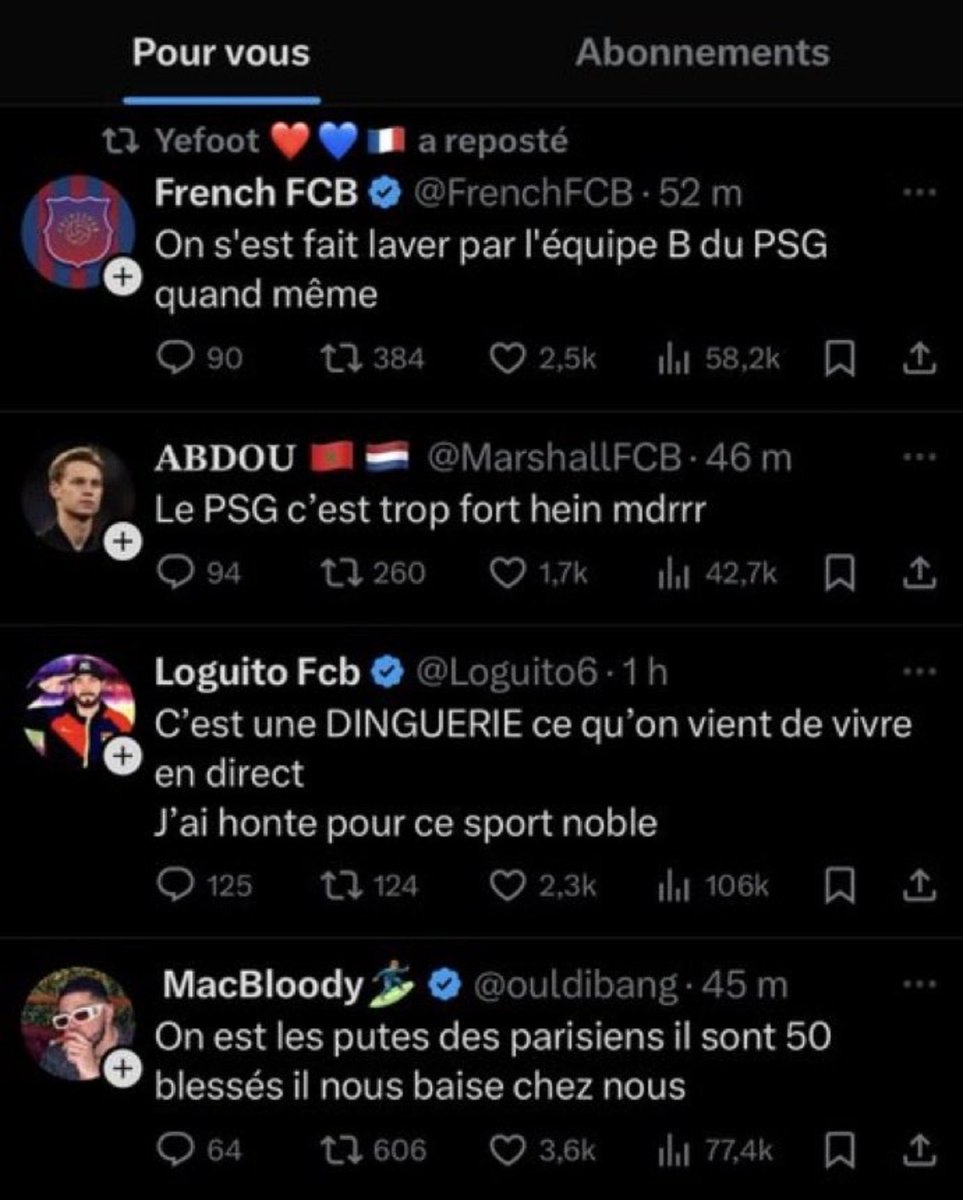 FootActu_2's tweet photo. Avant le match ça disait « Vous aurez pas d'excuse » « Trop de blessés ? Fallait recruter »

Ensuite le PSG a cassé le cul du Barça avec Mayulu, Mbaye, Ndjantou et c'est eux qui se trouvent des excuses DEPUIS 1 AN...

Ouais mais le Barça avait pas Raphinha et Joan Garcia !! 😂😂 https://t.co/wqPGPN5qq6
