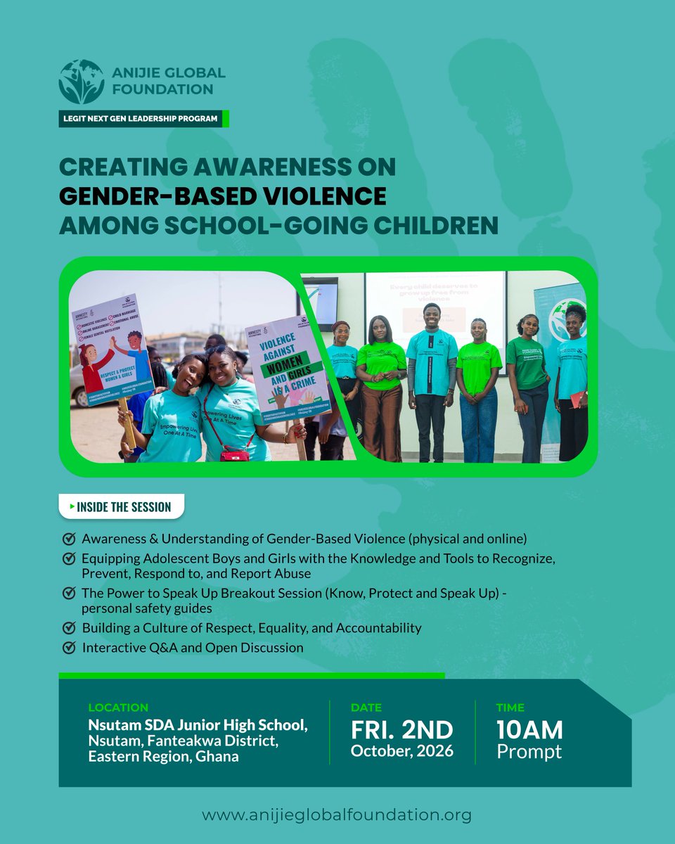AnijieGlobal's tweet photo. Prevention starts with a conversation someone is willing to have, and our LEGIT Leaders are breaking the silence.
โจ#LEGITBlueprint #AnijieGlobalFoundation
#GBVAwareness #YouthLed #GhanaNGO
#GBV https://t.co/DCFLzk9SlU