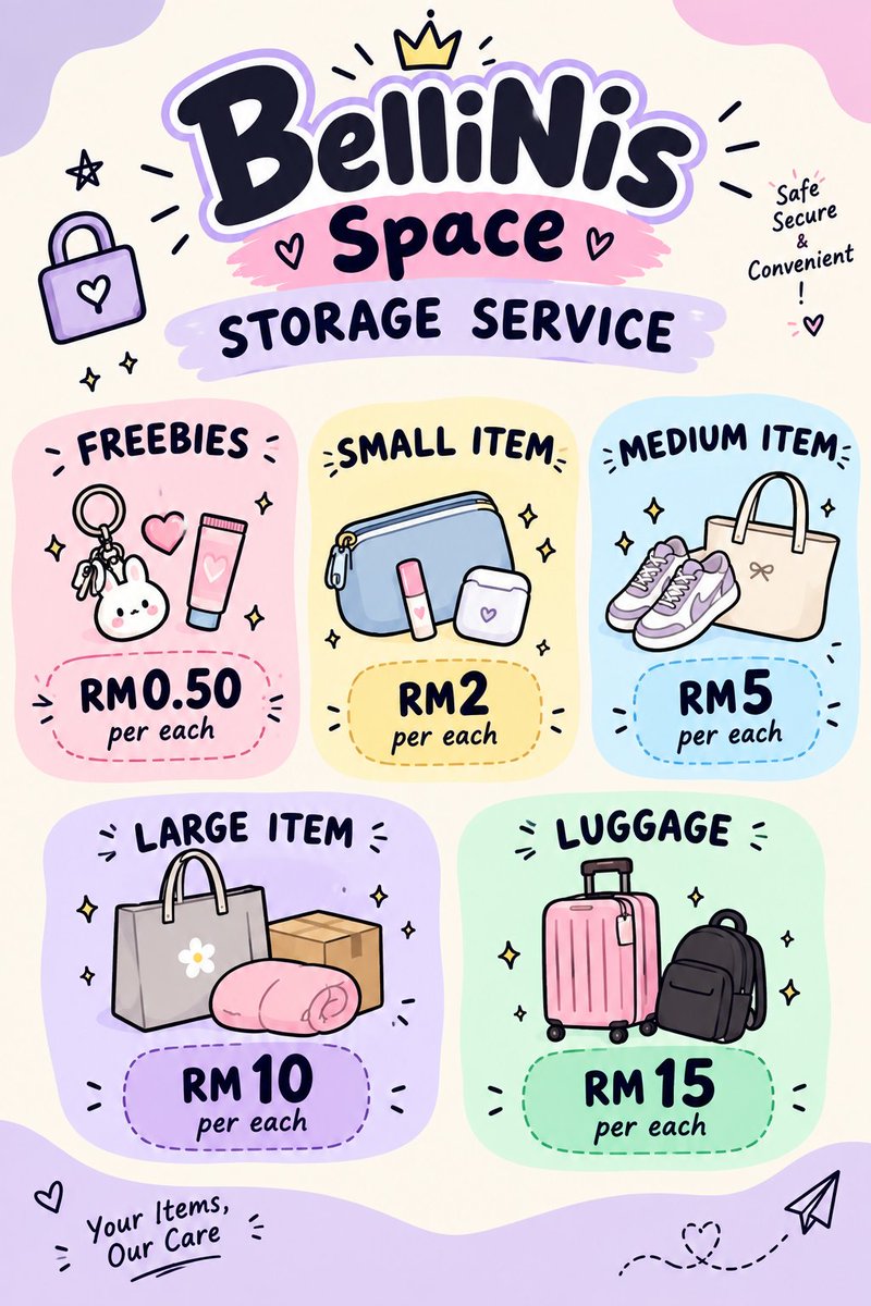 nbellahmuhd's tweet photo. Hye guyss! 🫶🏻✨ Me and my friend @Alwayshuaaa are providing a storage service for  the upcoming BTS concert on 12 December! 💜

📩 DM us / book through our Google Form to secure your slot!

Walk in also available!!!
#BTS_WORLDTOUR_ARİRANG #BTSinMY #btsinkl https://t.co/m1NuOAZrtd