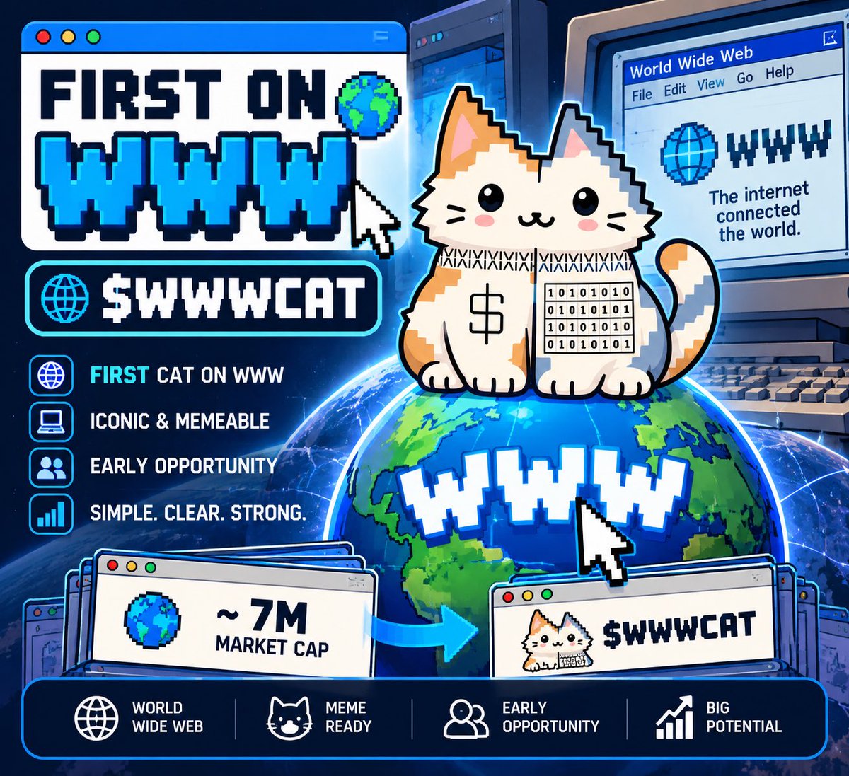 KushuToshi's tweet photo. The WWW narrative is already getting attention, with the main coin sitting around 7M. If people start looking beyond the main ticker and digging into the history and memes around WWW, this is the kind of coin that can suddenly get discovered. 🕸️🐱 https://t.co/Afa0m1Y8xH