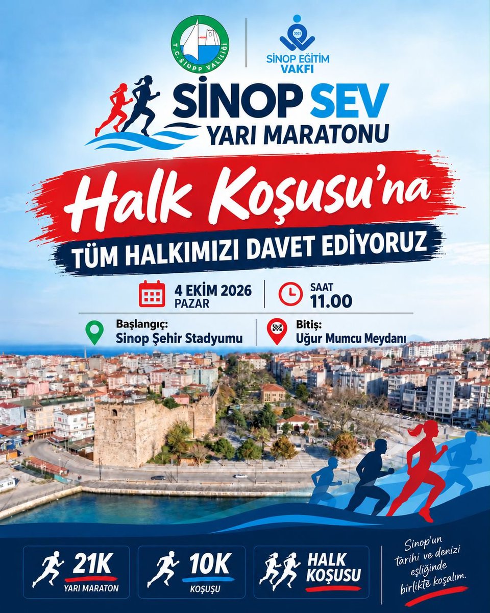 mustafaozarslnn's tweet photo. #SİNOP SEV YARI MARATONU HALK KOŞUSU’NDA BULUŞUYORUZ! 🏃‍♀️🏃‍♂️

Sinop SEV Yarı Maratonu kapsamında düzenlenecek "Halk Koşusu"nda tüm hemşehrilerimizi birlikte koşmaya davet ediyorum.

Sinop’un eşsiz atmosferinde spor ve dayanışmanın coşkusunu hep birlikte yaşayalım.

📅 4 Ekim 2026 Pazar
🕚 Saat 11.00
📍Başlangıç:Sinop Stadyumu
📍Bitiş: Uğur Mumcu Meydanı

Haydi Sinop, birlikte koşalım! 🏃‍♀️🏃‍♂️
#SinopMaratonu