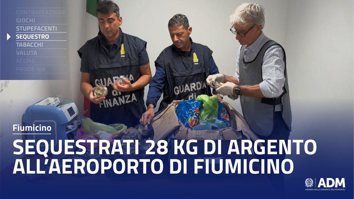 AdmGov's tweet photo. Sequestrati da #ADMgov e @GDF 28 kg di argento all’aeroporto “Leonardo Da Vinci” per un valore superiore a 36.000 euro
https://t.co/Ln5TPP5YbN https://t.co/UFdlHI2Kxr