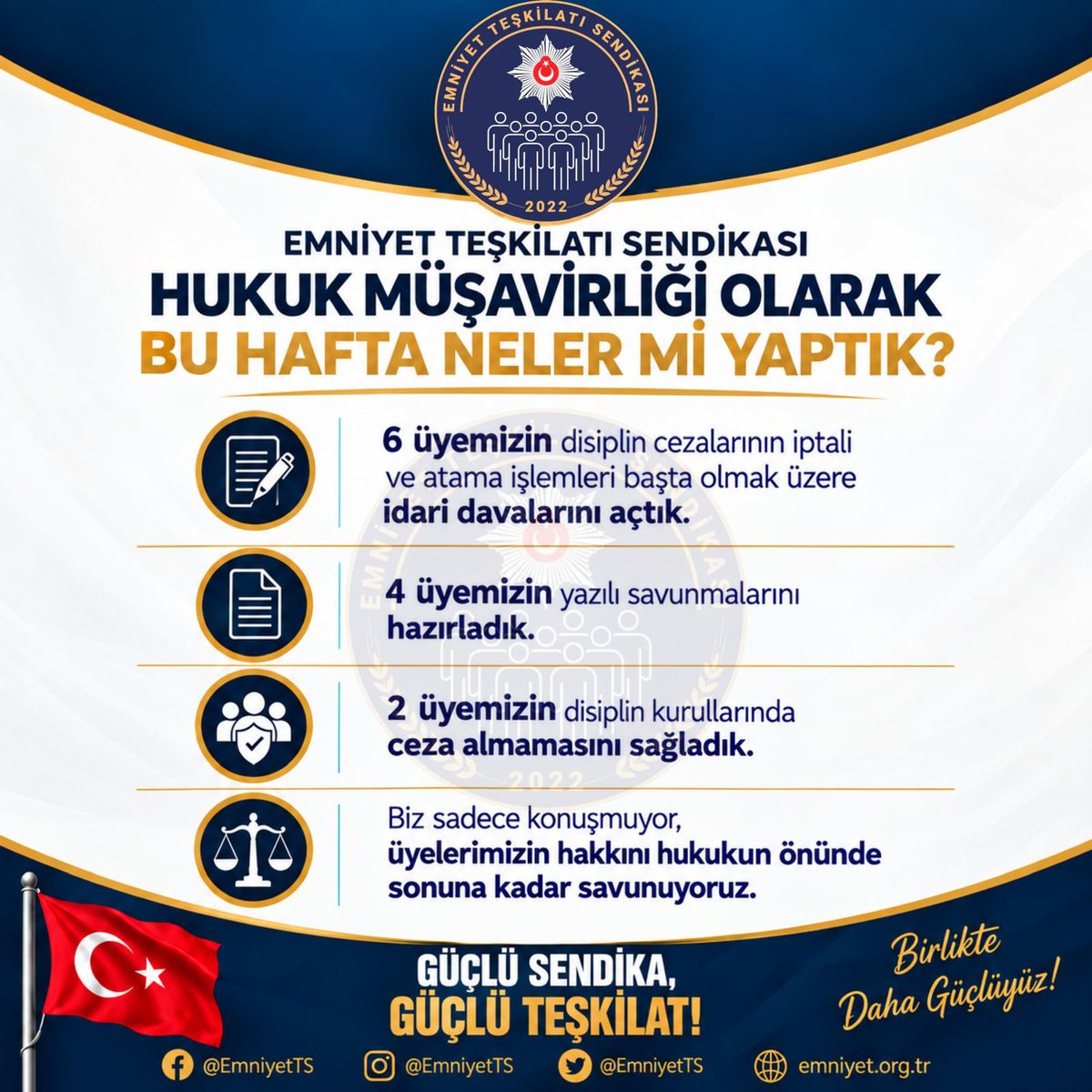 EmniyetTS's tweet photo. EMNİYET TEŞKİLATI SENDİKASI HUKUK MÜŞAVİRLİĞİ OLARAK BU HAFTA NELER YAPTIK?

Emniyet Teşkilatı Sendikası Hukuk Müşavirliği olarak, üyelerimizin hak ve menfaatlerini her platformda savunmaya devam ediyor, haftalık faaliyetlerimizi şeffaflıkla paylaşıyoruz.

Bu hafta yürüttüğümüz hukuki çalışmalar neticesinde;

⚖️ 6 üyemizin disiplin cezalarının iptali ve atama işlemleri başta olmak üzere idari davalarını açtık.

📄 4 üyemizin yazılı savunmalarını hazırladık.

🛡️ 2 üyemizin disiplin kurullarında ceza almamasını sağladık.

Biz sadece konuşmuyor, üyelerimizin hakkını hukukun önünde sonuna kadar savunuyoruz.

GÜÇLÜ SENDİKA, GÜÇLÜ TEŞKİLAT!