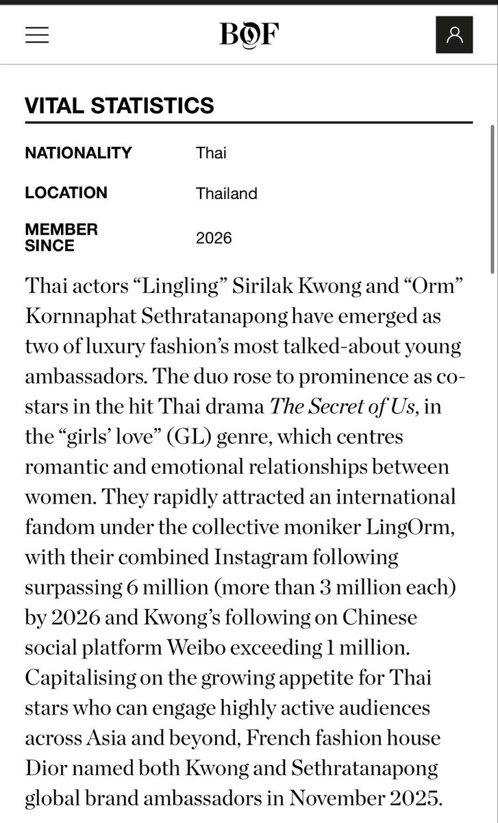 vlrp01's tweet photo. 🎉 Congratulations to Lingling Sirilak Kwong and Orm Kornnaphat Sethratanapong on joining The BoF 500 Class of 2026 — The people shaping the global fashion industry.

Read at: 
https://t.co/TWTkN58WnV

💭 "Thai actors “Lingling” Sirilak Kwong and “Orm” Kornnaphat Sethratanapong have emerged as two of luxury fashion’s most talked-about young ambassadors."

#หลิงออม #LingOrm #Dior 
#หลิงหลิงคอง #LinglingKwong
#ออมกรณ์นภัส #OrmKornnaphat
