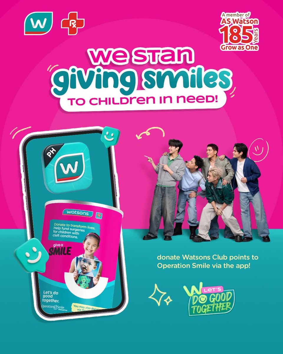 WatsonsPH's tweet photo. Even our fave P-Pop boys are fans of helping transform the lives and smiles of children with cleft conditions.

Donate Watsons Club points via the app or give cash through our Operation Smile cans in stores! 

#WatsonsSustainableChoices #WatsonsPH #ASWatsons185

(1/2) https://t.co/okhvIphuge