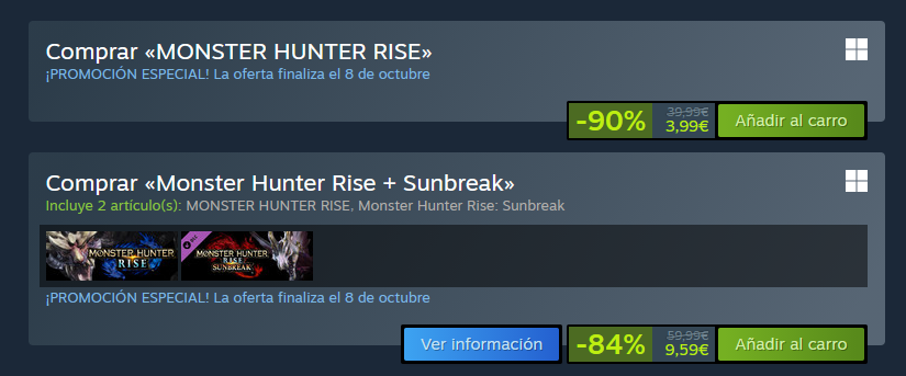 MH_ESP_Fan's tweet photo. ¡#MHRise más barato que nunca!💸

⚫️Steam💻
Juego base: 3,99€
Rise + Sunbreak: 9,59€

🔴Switch🎮
Juego base: 4,79 €
Rise + Sunbreak: 9,59 €

Si aún no habéis empezado vuestras cacerías por Kamura, mucho estáis tardando🏯 https://t.co/BUDqqQcTMo