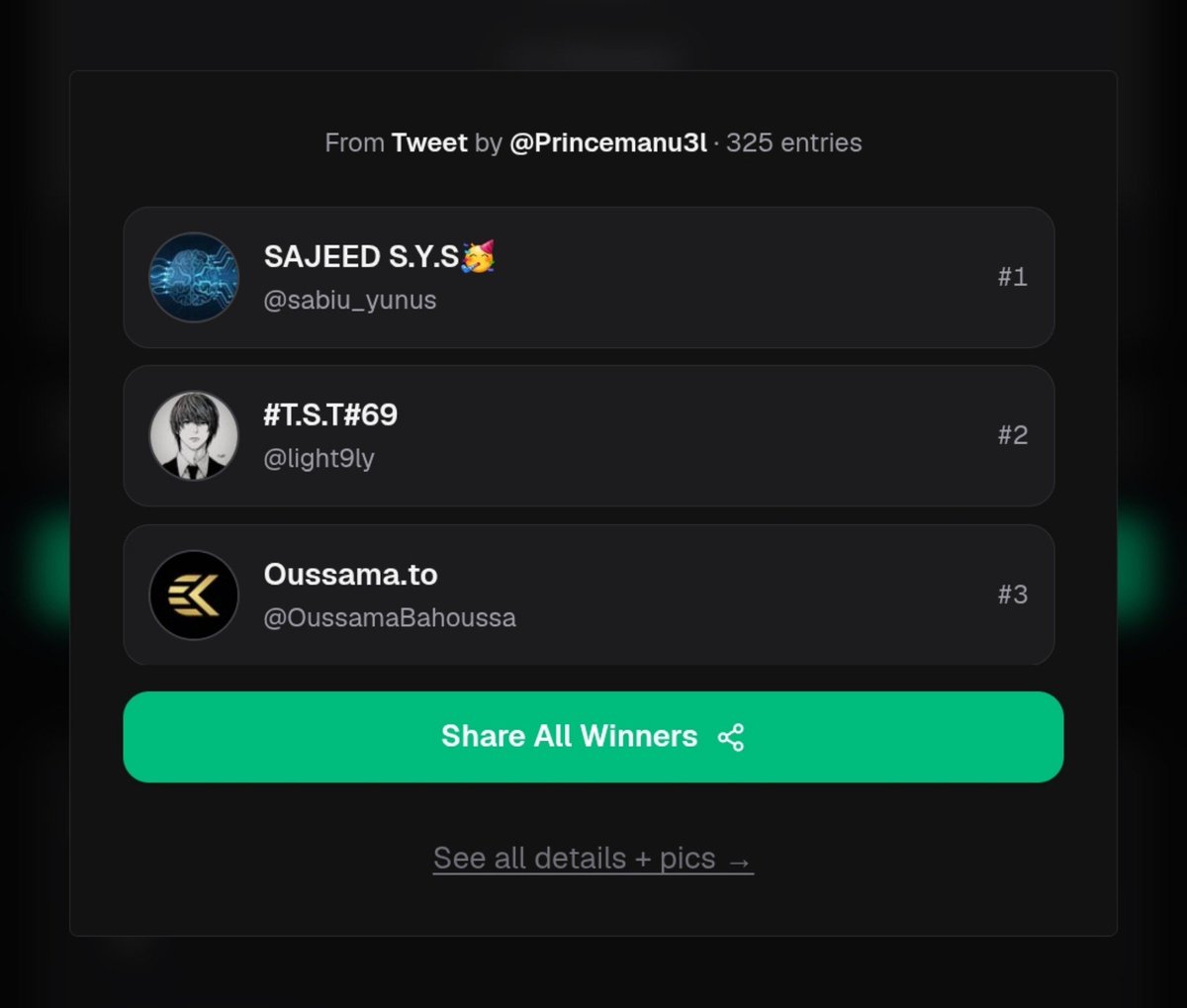 Princemanu3l's tweet photo. 🎉 GIVEAWAY WINNERS! 🎉

3×$5,000 Blueguardian giveaway ended.

Winners:
🏆 @sabiu_yunus
🏆 @light9ly
🏆 @OussamaBahoussa

Congrats! 🥳

Drawn with @xpickr  
Draw ID: 1790935390574  
Open ticket on https://t.co/Qwgd8rjQXm to claim  
More coming soon 🔥 https://t.co/awPCn3GUQo
