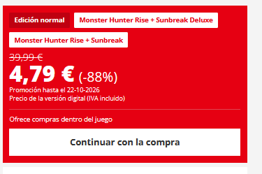 MH_ESP_Fan's tweet photo. ¡#MHRise más barato que nunca!💸

⚫️Steam💻
Juego base: 3,99€
Rise + Sunbreak: 9,59€

🔴Switch🎮
Juego base: 4,79 €
Rise + Sunbreak: 9,59 €

Si aún no habéis empezado vuestras cacerías por Kamura, mucho estáis tardando🏯 https://t.co/BUDqqQcTMo