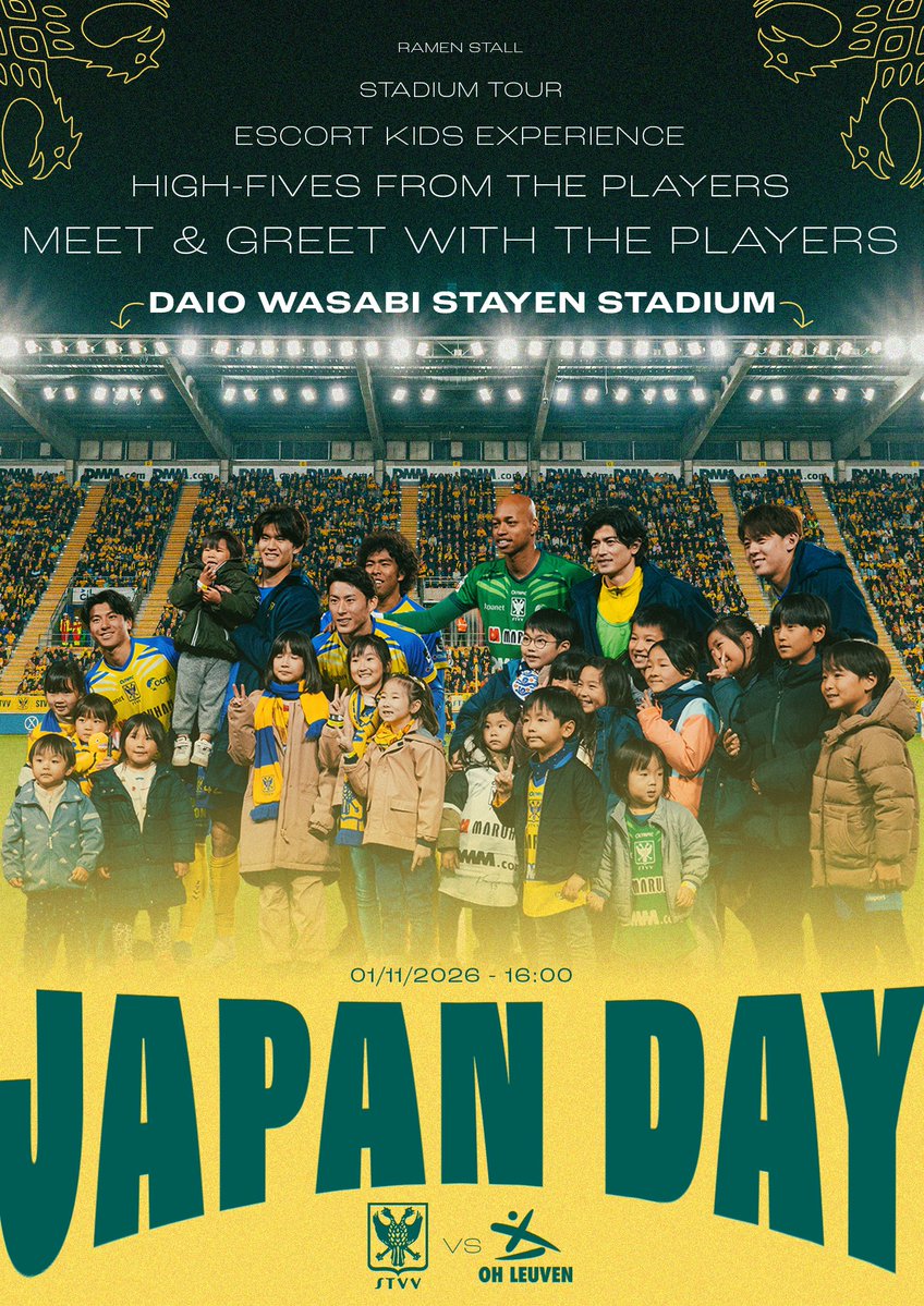 STVV_JP's tweet photo. 🇯🇵11/1(日) OHルーヴェン戦は「JAPAN DAY」⚽️

12歳以下のお子様を無料ご招待🎫
日本人選手全員が参加予定のサイン会も開催！

🏟️スタジアムツアー
🤝エスコートキッズ＆試合直後のハイタッチ
上記イベントの応募は10/21(水)17時まで（ベルギー時間）！

詳細・申込👇
https://t.co/yCwCXQrJfo https://t.co/ZHKWuYyndy