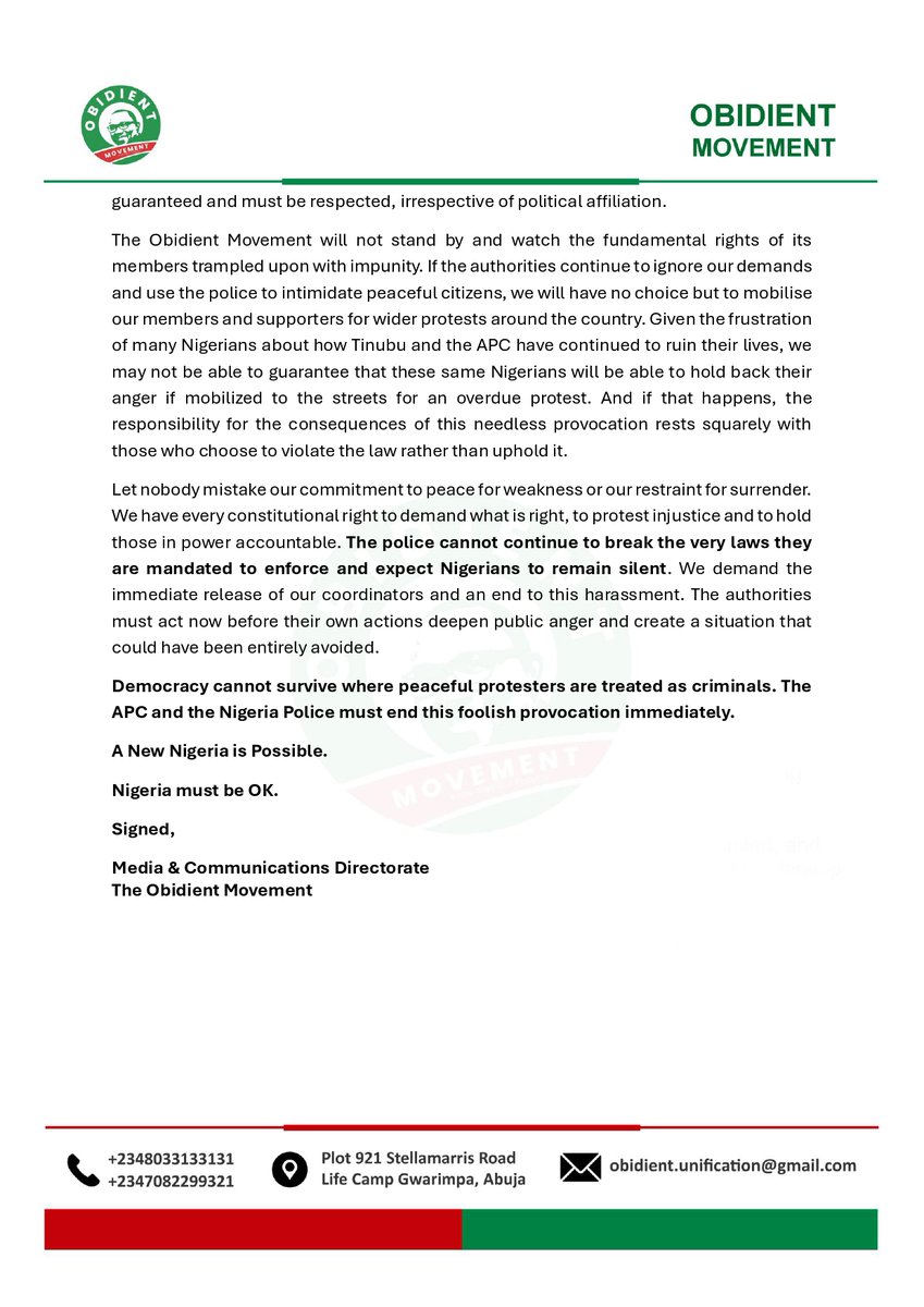 ObidientUpdate's tweet photo. PRESS RELEASE

DEMOCRACY IN CHAINS: THIS FOOLISH PROVOCATION BY THE APC AND NIGERIA POLICE MUST END IMMEDIATELY