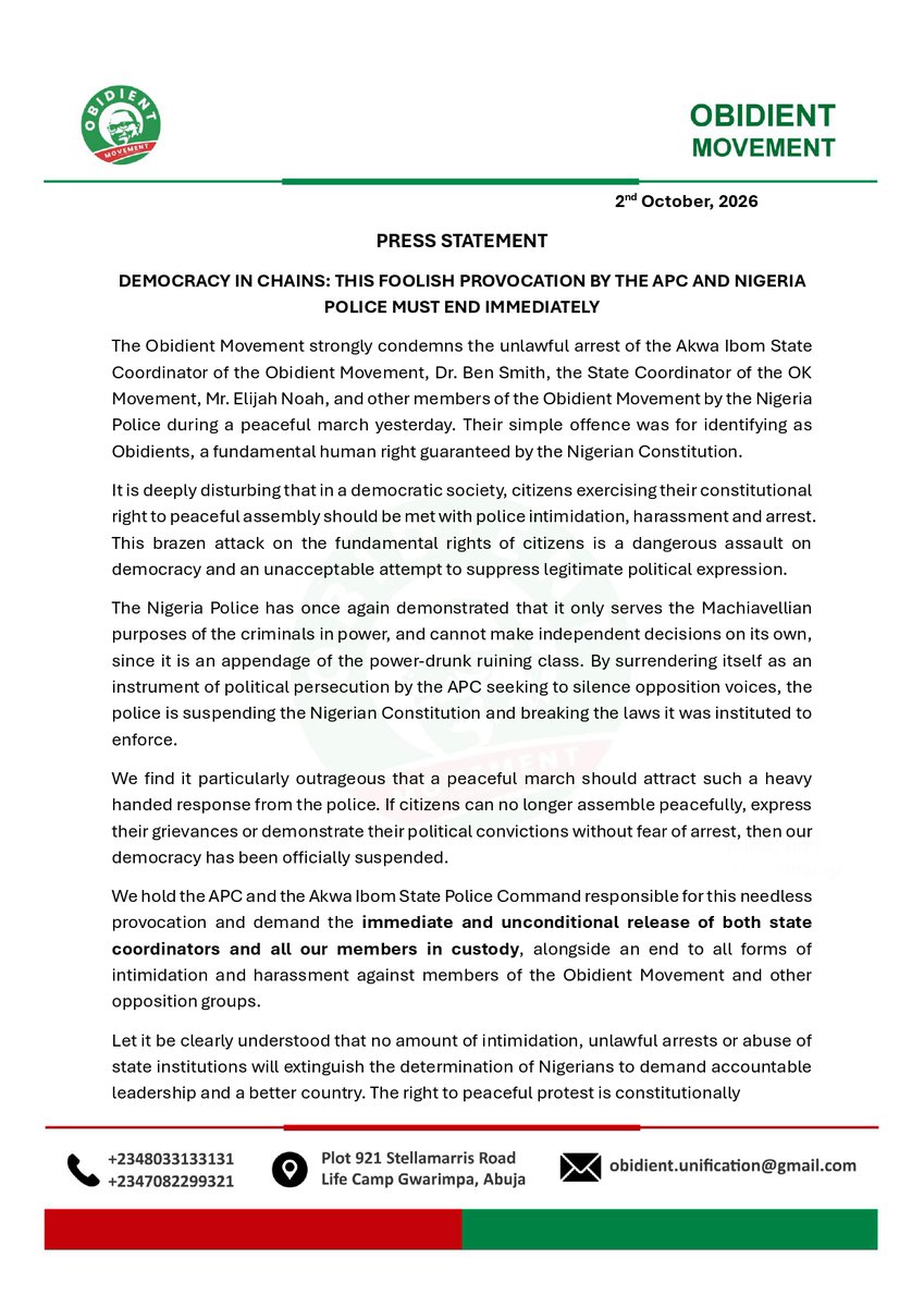 ObidientUpdate's tweet photo. PRESS RELEASE

DEMOCRACY IN CHAINS: THIS FOOLISH PROVOCATION BY THE APC AND NIGERIA POLICE MUST END IMMEDIATELY