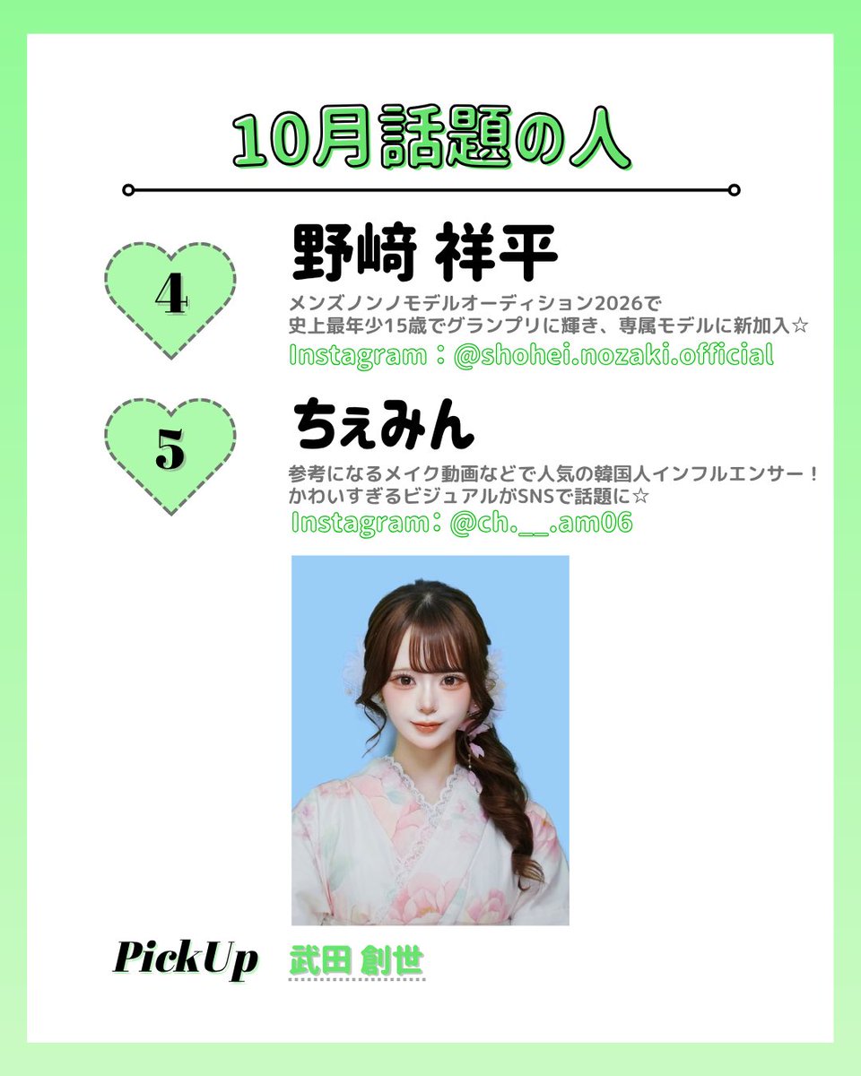 SHIBUYA109NET's tweet photo. \ 気になったらいいねしてね👍🏻 /
【109編集部が選ぶ♡10月トレンド速報💚︎︎*·.✧】

今月流行る話題の人をまとめたよ🎖️💫

今後の活躍に目が離せない.ᐟ.ᐟ
SNSで話題の人やアイドルがランクイン⭐️⟡.·

みんなの推しや気になる人はいた➰？💭
リプでぜひ教えてね💬✨

※画像の無断転載はご遠慮ください

#TanapakJongjaiphar #川﨑桜 #白石乙華  #野﨑祥平 #ちぇみん #武田創世