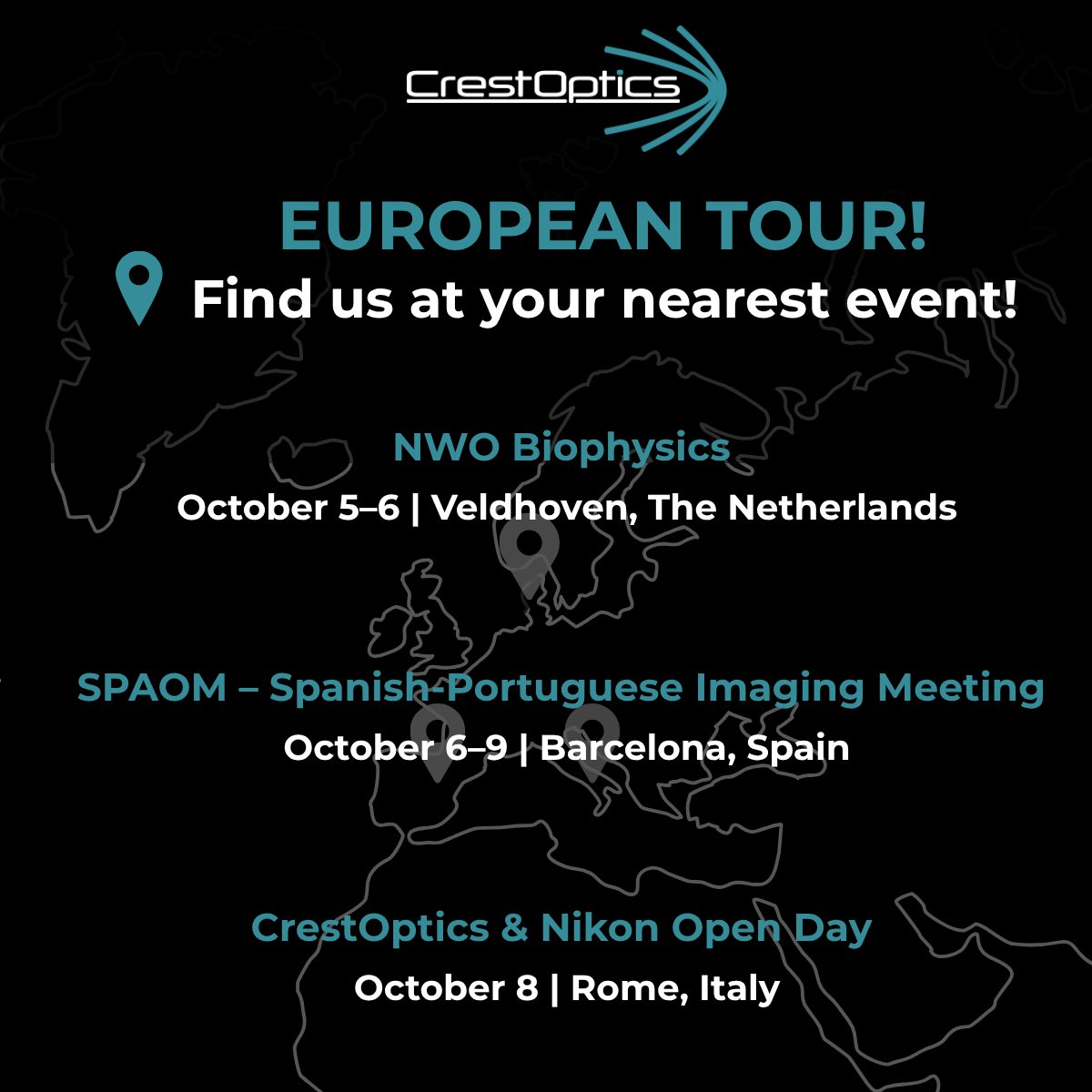 CrestOptics's tweet photo. Any travel plans for October? We hope to meet you at one of our stops: https://t.co/mIYVDVTPO1
๐#NWO Biophysics | Oct 5โ6 | The Netherlands
๐#SPAOM2026 | October 6โ9 | Spain
๐CrestOptics & Nikon #OpenDay | October 8, 2026๐Register for the live stream: https://t.co/y2wY0sCAtf https://t.co/NsFjsf0IOh