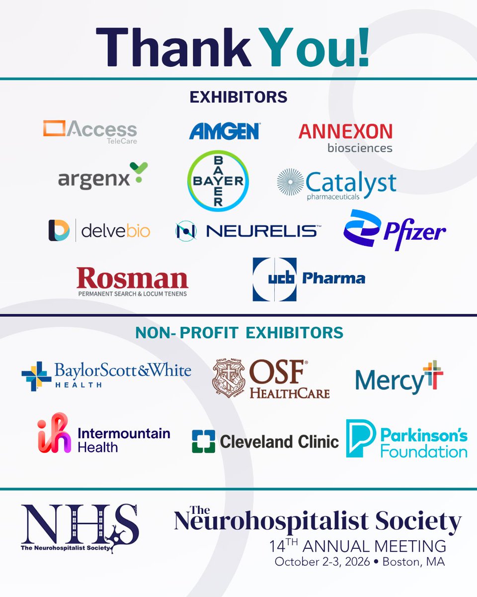 Neurohosp's tweet photo. Thank you to the exhibitors and non-profit partners supporting #NHS2026 in Boston! Your support helps advance care for hospitalized patients with neurological disease. Attendees, be sure to visit the exhibit hall Oct 2–3! 

#Neurohospitalist #Neurology https://t.co/x2dsFVYrM2