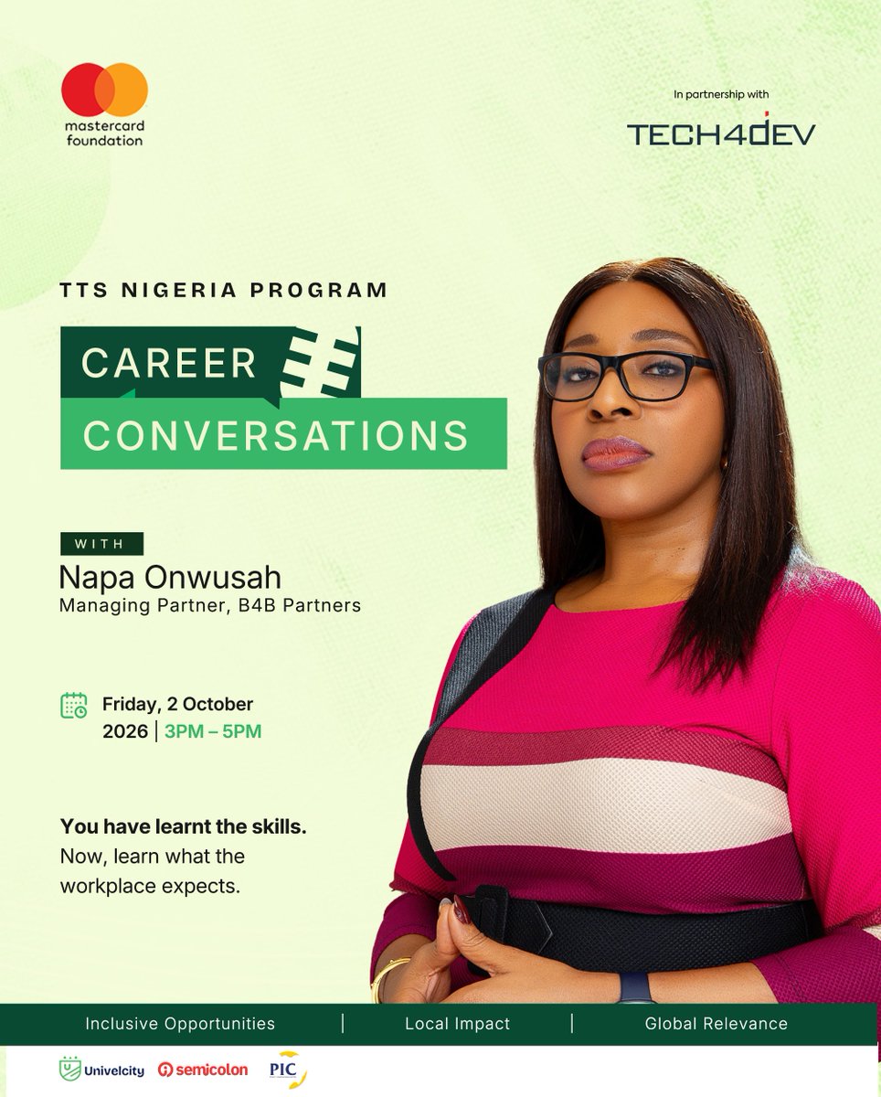 TTSNig's tweet photo. Are you part of the TTS Nigeria Program?

Today, we’re bringing our participants together for a Career Conversations session focused on an important part of the journey: what happens when you move from training into the workplace? 

From understanding what employers expect to managing workplace relationships, communicating effectively, taking ownership, and growing in your role, knowing your job is only one part of succeeding at work.

Learning how to operate in the workplace matters too.

This means our participants will be learning from someone who has spent years building teams, leading across markets and helping professionals develop the skills to perform and grow at work.

Today | Friday, 2 October 2026

Click here to register: https://t.co/3GMFnp7JjI

 3:00 PM – 5:00 PM

All TTS Nigeria participants are advised to come ready to listen, ask questions, learn from real workplace experience, and take away lessons you can apply as you move closer to your next career opportunity.

#ttsnigeriaprogram #womeninwork #localimpact #inclusiveopportunities #techsisters