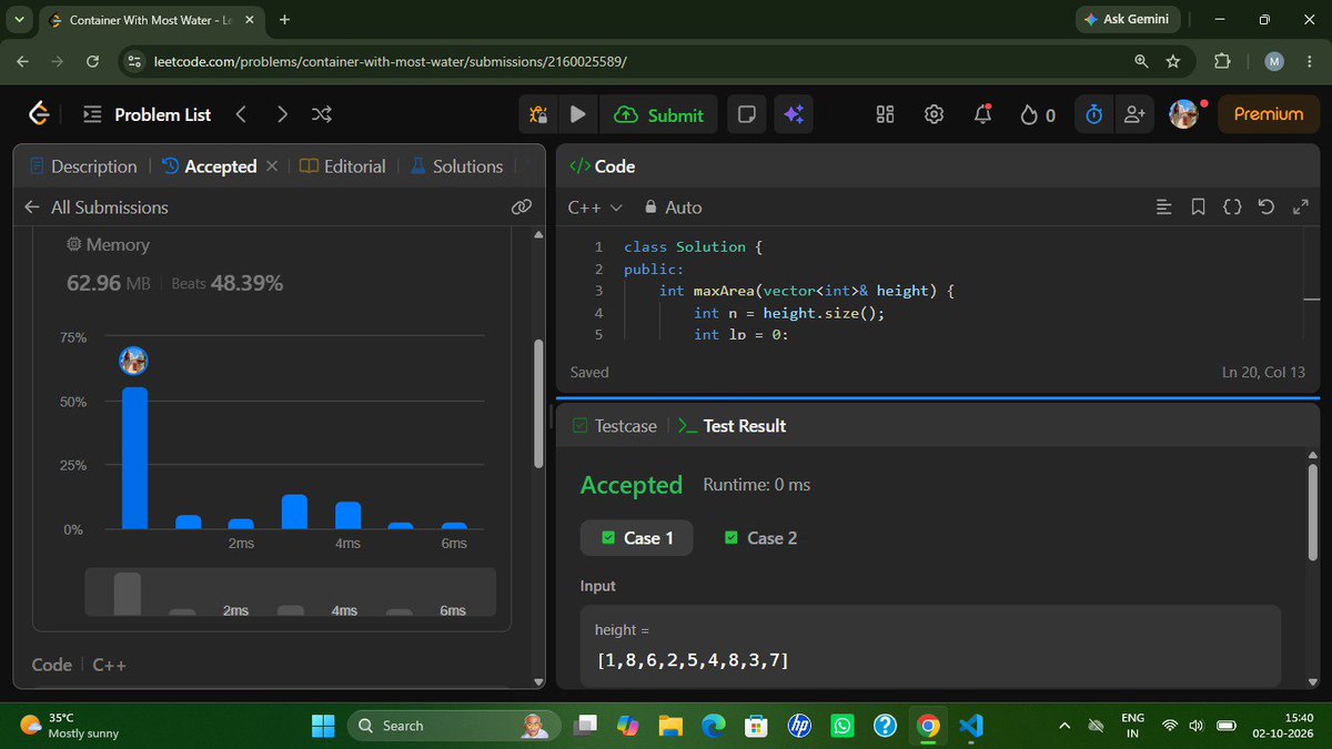 itz_Mahak25's tweet photo. Day 25/50 โ Coding Challenge ๐ฅ
Today I solved Container With Most Water problem in DSA! ๐ป๐ง
Put the Two Pointer Technique into practice and understood the logic behind the solution. โก
#50DaysOfCode #DSA #CodingChallenge #TwoPointers #LeetCode https://t.co/nDAUiEqX3b
