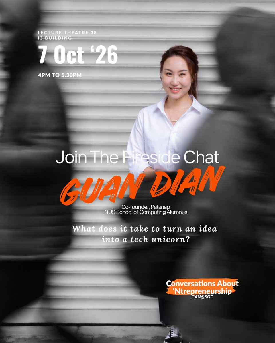 NUSComputing's tweet photo. We're delighted to invite you to hear from Guan Dian, whose journey from NUS Computing student and NOC alumnus to co-founder of a tech unicorn is one few founders achieve.  

Register now: https://t.co/qaAitX6sto

Come with your questions, stay for the conversation and networking https://t.co/bbNWpmYNa0