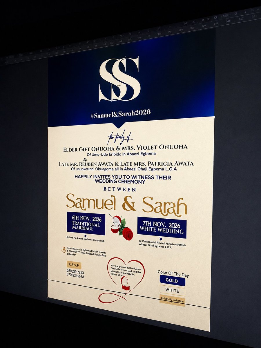 SOG_Studios_1's tweet photo. A little look at my latest wedding invitation design for Samuel &amp; Sarah. Clean, elegant and made to stand out. Thoughts?
#GraphicDesign #WeddingDesign #CorelDraw #DesignInspiration #CreativeDesign https://t.co/hN8L0bq4Vt
