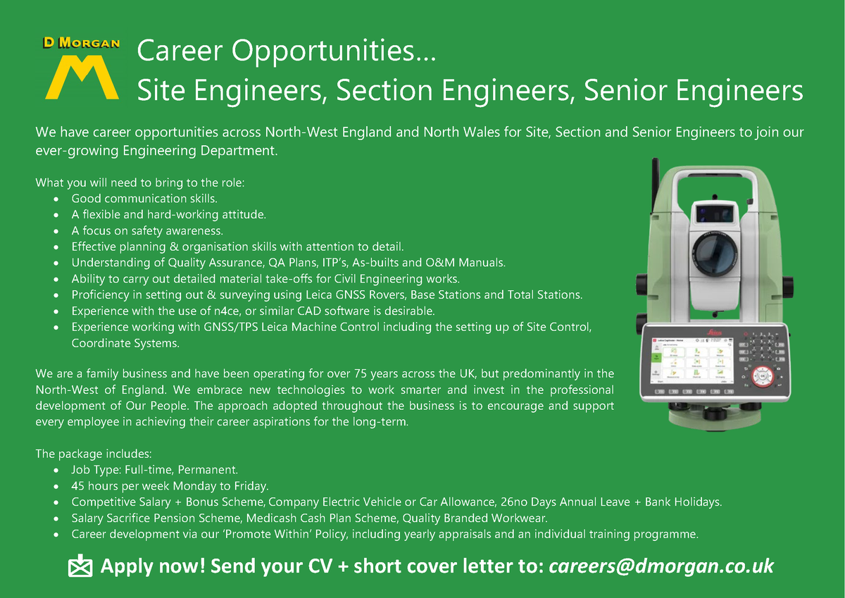 dmorganplc's tweet photo. 〽️Career Opportunities…
🦺Site Engineers, Section Engineers, Senior Engineers

We have career opportunities across the North-West England and North Wales to join our ever-growing Engineering Department.

📩 Apply now! Send your CV + short cover letter to: careers@dmorgan.co.uk https://t.co/k0prHBnCxQ