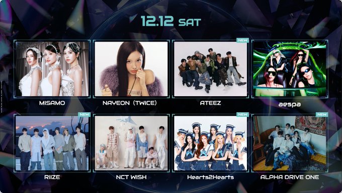 A Saturday music festival lineup (12.12 SAT) featuring K-pop groups MISAMO, NAYEON (TWICE), ATEEZ, aespa, RIIZE, NCT WISH, Hearts2Hearts, and ALPHA DRIVE ONE.