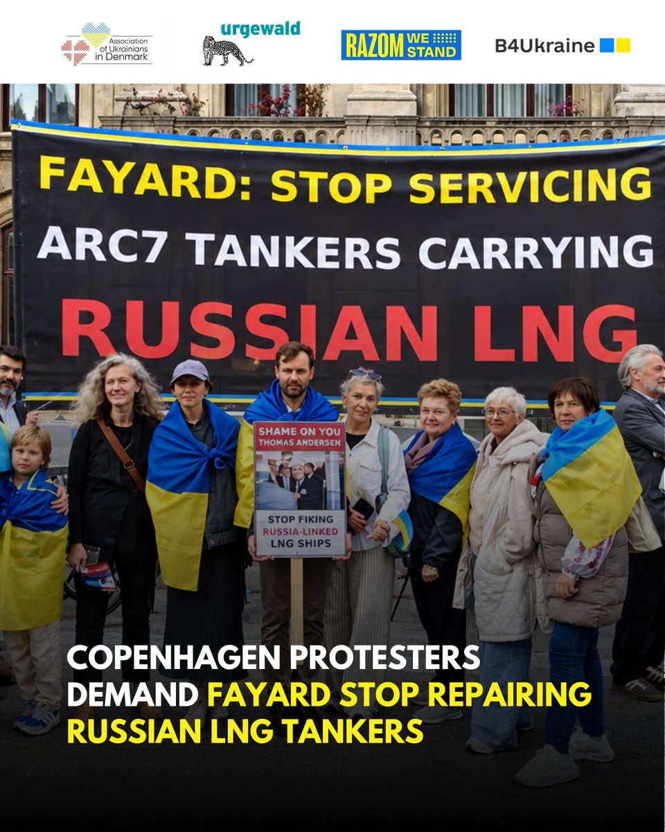 RazomWeStand's tweet photo. On 1 October, dozens protested in Copenhagen, calling on #Fayard to stop repairing the Arc7 tankers serving Russia’s Yamal #LNG project.

Fayard is the last known #EU shipyard still servicing these vessels. Four Arc7 tankers have been reported at the yard since June 👇 https://t.co/3wq89yJDgw