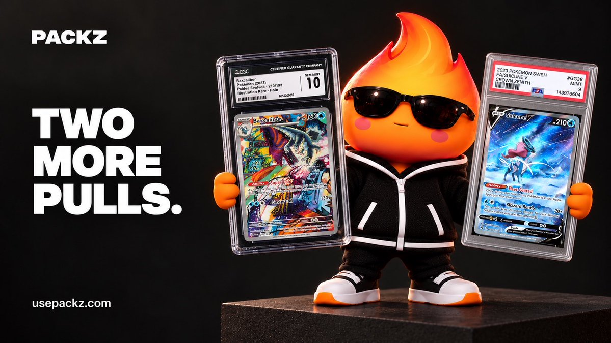 UsePackz's tweet photo. TWO MORE PULLS FOR $PACKZ. 🎴🔥

Baxcalibur — CGC 10
Suicune V — PSA 9

Listed card values: $100 + $70.

Two more cards. Two more receipts.

Let’s keep ripping. 🔥
Built on $EMBER.
https://t.co/rPd0PhSFSb https://t.co/6B2UFd1PIn