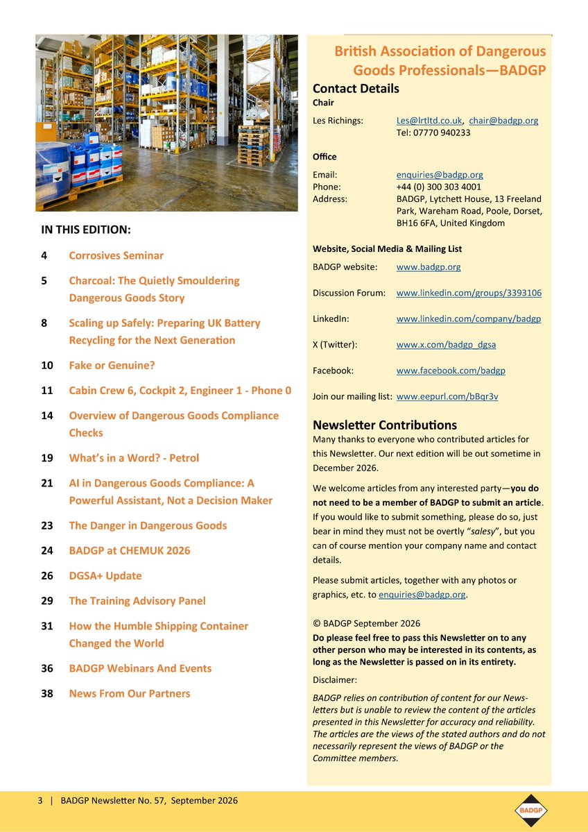 badgp_dgsa's tweet photo. 📢BADGP September newsletter now published: https://t.co/5u9qoSNCsR.
✅The Newsletter is available to all BADGP members, free-of-charge.
🕮Enjoy the read!
#corrosives #charcoal #lithiumbatteries #adr #iata #imdg #dgsa #iasa #packaging #shipping #dangerousgoods #badgp https://t.co/x2oGP1Yf9i