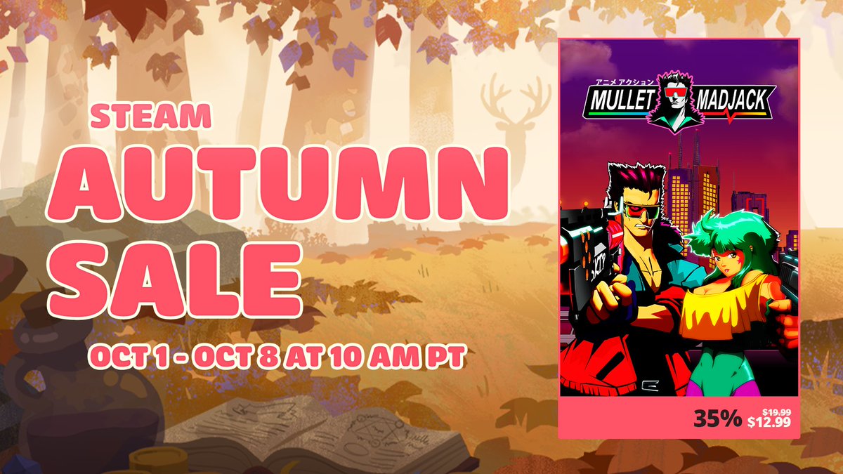 MulletDev's tweet photo. The Steam Autumn Sale has officially started!

💥 Mullet MadJack is on sale with an insane 35% discount (lowest price ever!!! Hell yeah!)

It’s time to grow your mullet and kick some billionaire robot ass! https://t.co/g509t51vRC