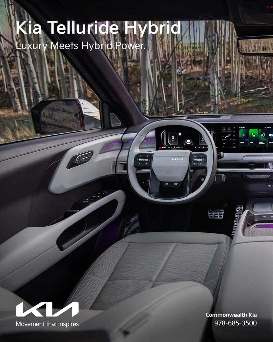 CMKIA_'s tweet photo. Is this the best Kia interior yet?

The 2027 Kia Telluride Hybrid brings premium design, three-row versatility and hybrid power together in one seriously impressive SUV.

Come see it up close and take a test drive today.

https://t.co/iENhvMZfNx

#CommonwealthKia #KiaTelluride https://t.co/tVrok605gG