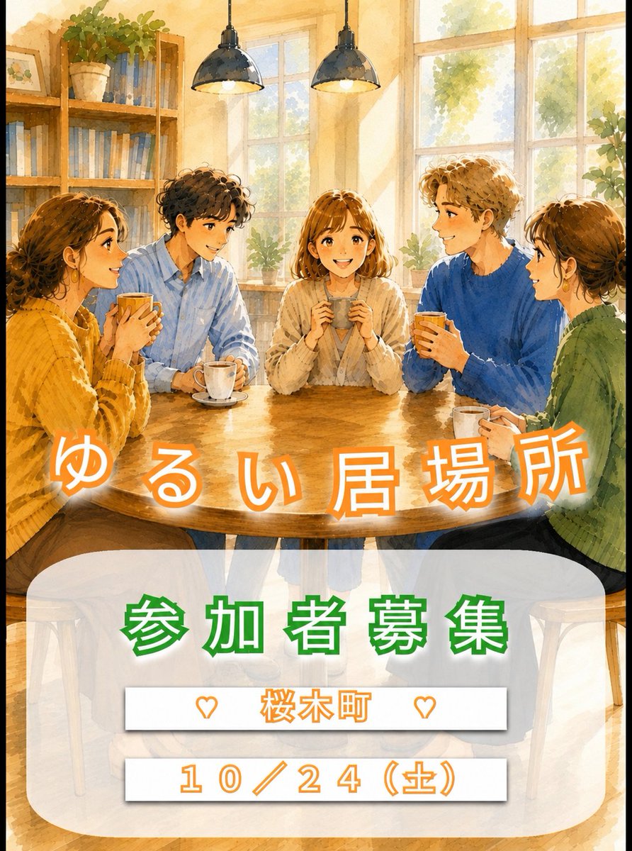 KitanoMedical1's tweet photo. １０／２４【土】

話してもOK
話さなくてもOK

家ばかりで窮屈
友達が欲しい
誰かと一緒にいたい
――そんな“なんとなく”で参加OKです
初参加も歓迎！

https://t.co/eDCto6Wy4E

#ひきこもり
#居場所
#当事者会
#生きづらさ
#社会的孤立
#友達がいない
#適応障害
#メンタルヘルス
#社不
#桜木町 https://t.co/4So5GGQQg4