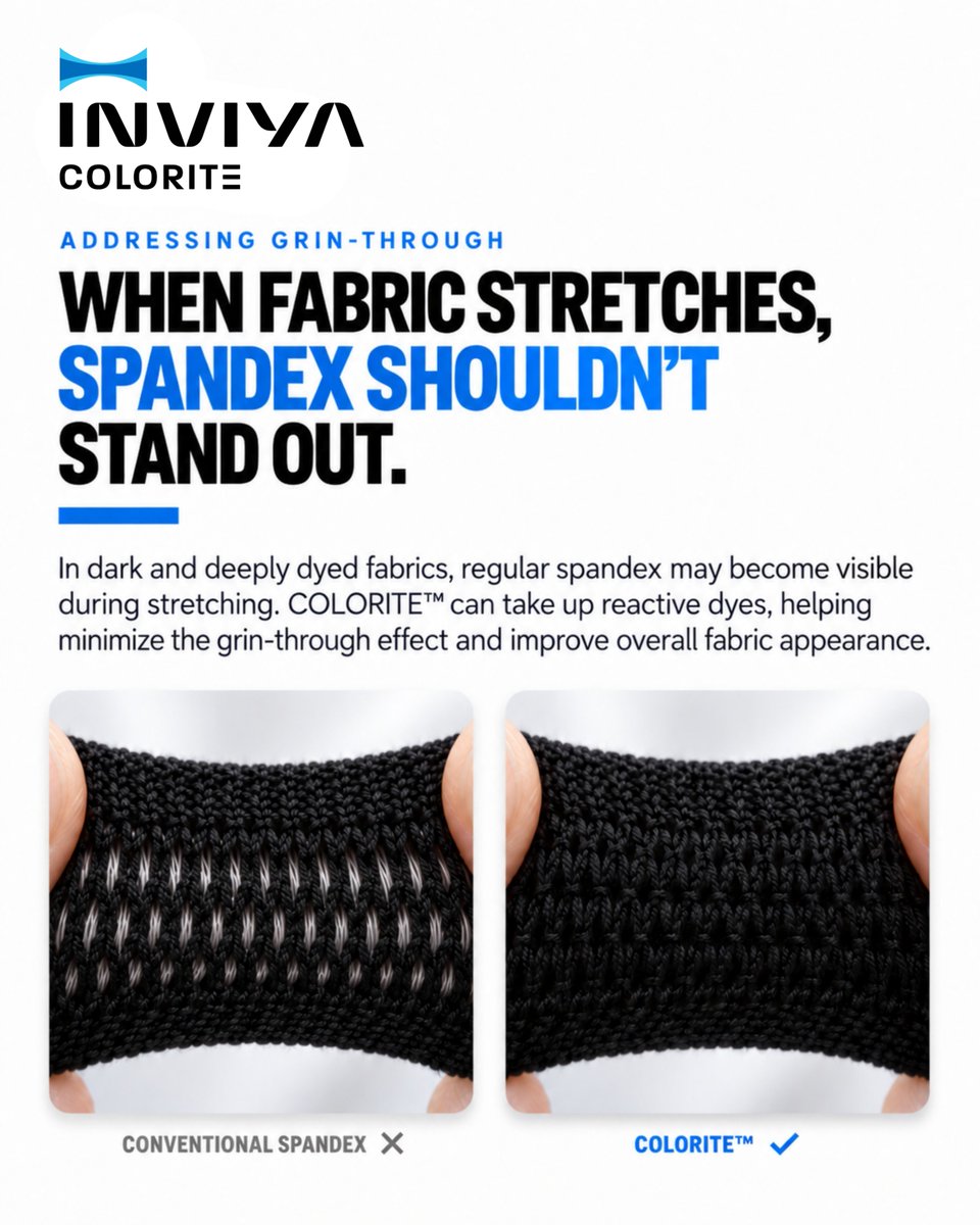 inviyaindorama's tweet photo. When fabric stretches, your spandex shouldn’t stand out.
INVIYA® COLORITE™ is reactive-dyeable spandex designed to help minimize grin-through, improve shade integration and support a more uniform fabric appearance.
#INVIYA #COLORITE #SpandexInnovation https://t.co/jNXMpExC3v