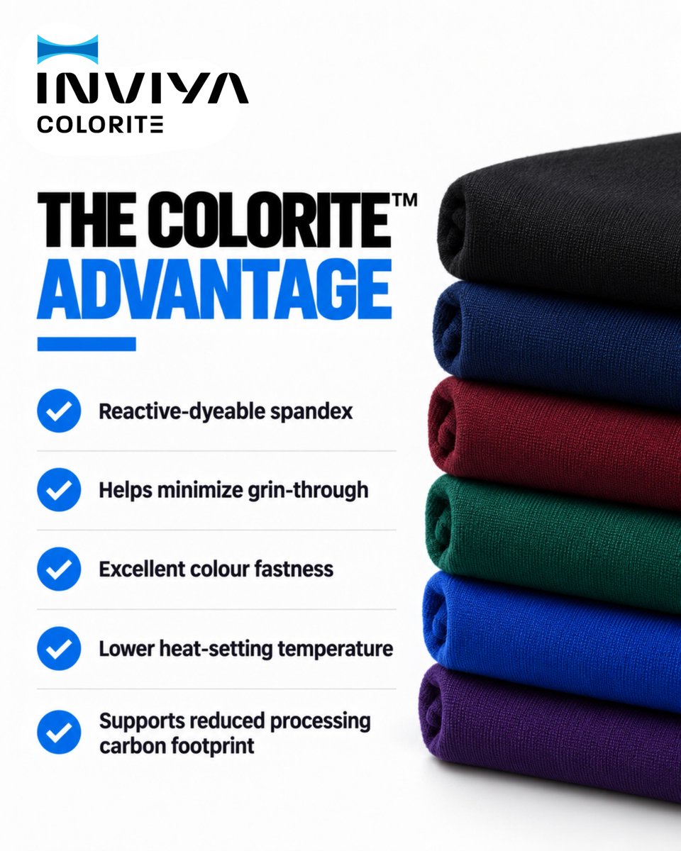 inviyaindorama's tweet photo. When fabric stretches, your spandex shouldn’t stand out.
INVIYA® COLORITE™ is reactive-dyeable spandex designed to help minimize grin-through, improve shade integration and support a more uniform fabric appearance.
#INVIYA #COLORITE #SpandexInnovation https://t.co/jNXMpExC3v