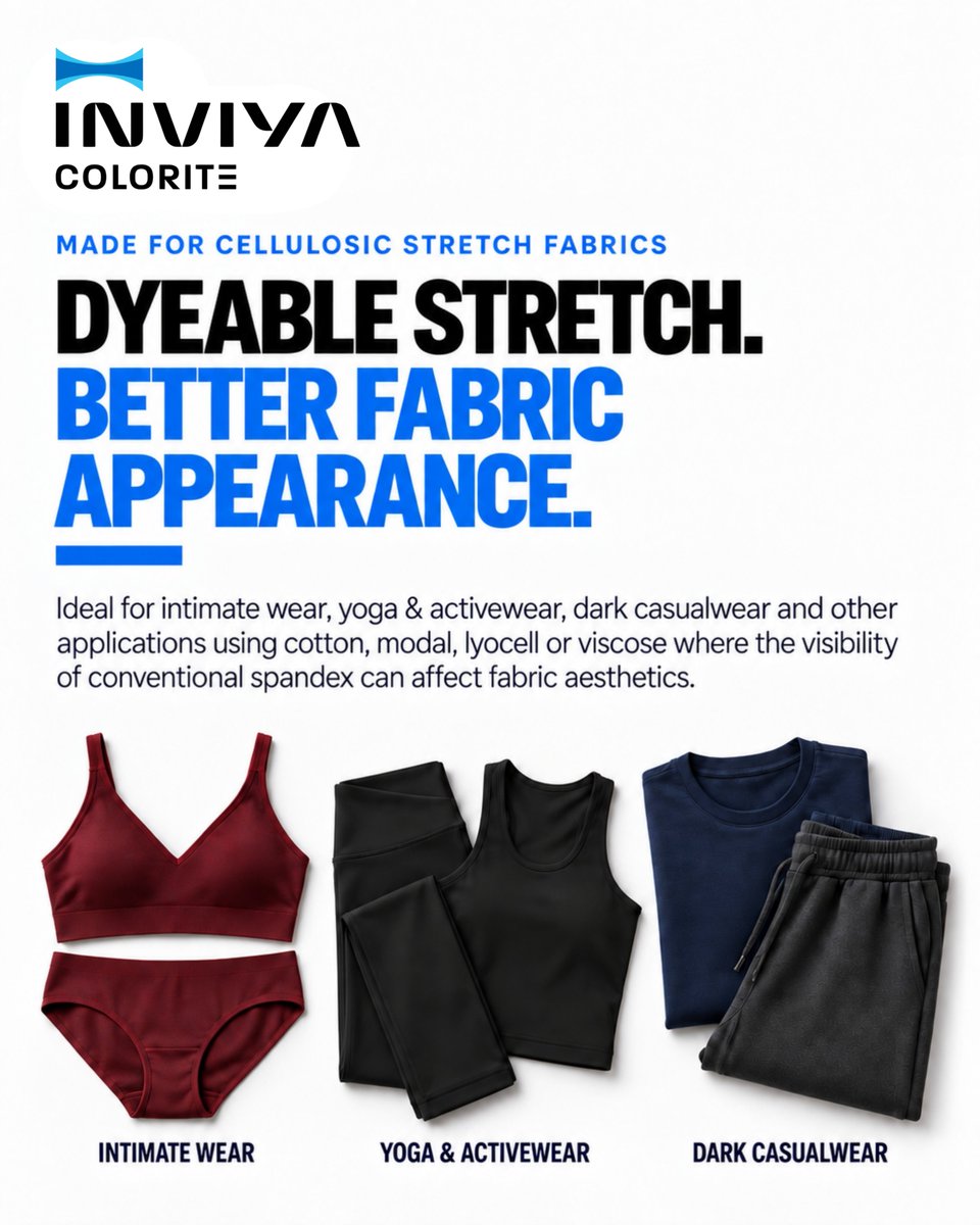 inviyaindorama's tweet photo. When fabric stretches, your spandex shouldn’t stand out.
INVIYA® COLORITE™ is reactive-dyeable spandex designed to help minimize grin-through, improve shade integration and support a more uniform fabric appearance.
#INVIYA #COLORITE #SpandexInnovation https://t.co/jNXMpExC3v