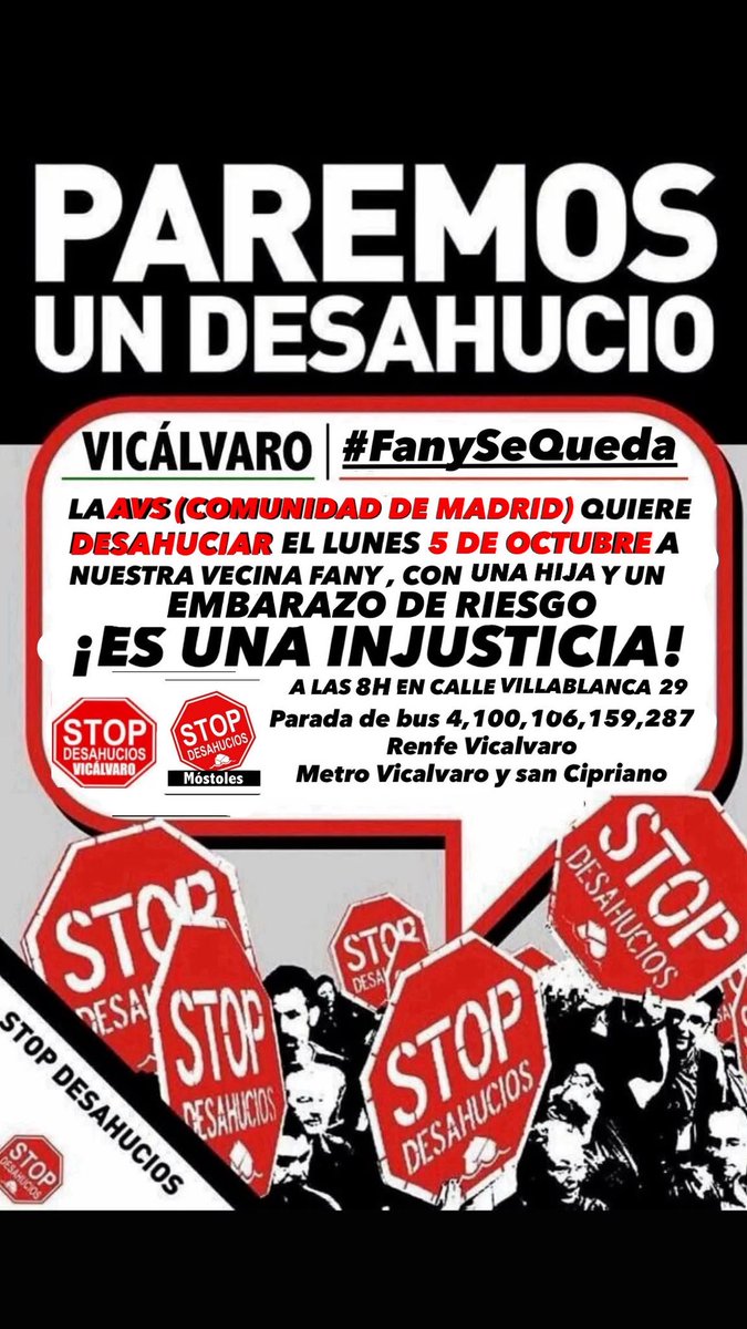 StopDesMostoles's tweet photo. 📢 Comunidad de Madrid   desahucia el lunes otra familia vulnerable! 
#FanySeQueda 
 ACUDE, diFunde!! 
  🖐️ C/ Villablanca (Madrid) https://t.co/UYfsJzgMzh