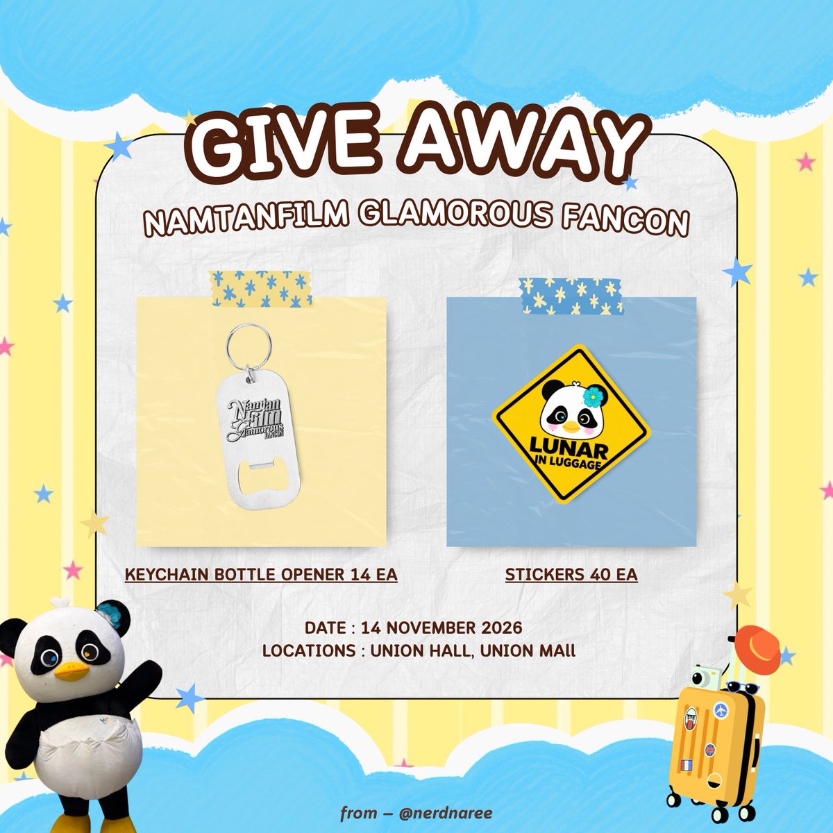 nerdnaree's tweet photo. ✨GIVEAWAY✨

Keychain Bottle Opener — 14 ea
Lunar in Luggage Stickers — 40 ea

14 November 2026
📍 Union Hall, Union Mall
⏰ TBA

preview by @farinekk 
#NamtanFilmFancon
#น้ำตาลฟิล์ม #Namtanfilm #Lunar https://t.co/bWpDjFAWOy