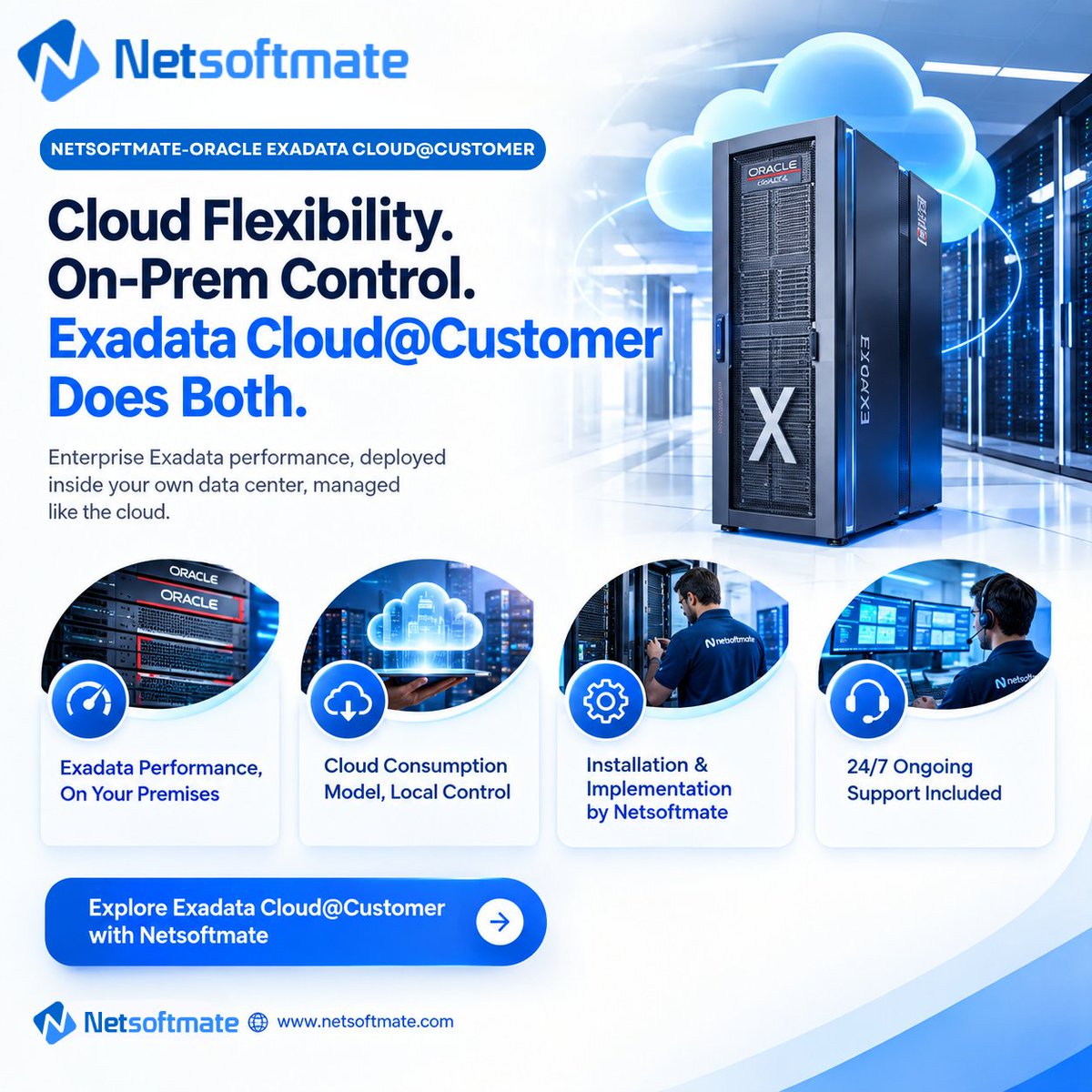 Netsoftmate's tweet photo. Cloud flexibility. On-premise control.

Oracle Exadata Cloud@Customer by @Netsoftmate  brings Exadata performance to your data center with cloud-style consumption.

🌐 https://t.co/IN8RNFZYYx

#Netsoftmate #Oracle #Exadata #HybridCloud https://t.co/G6Qt3uSdaU